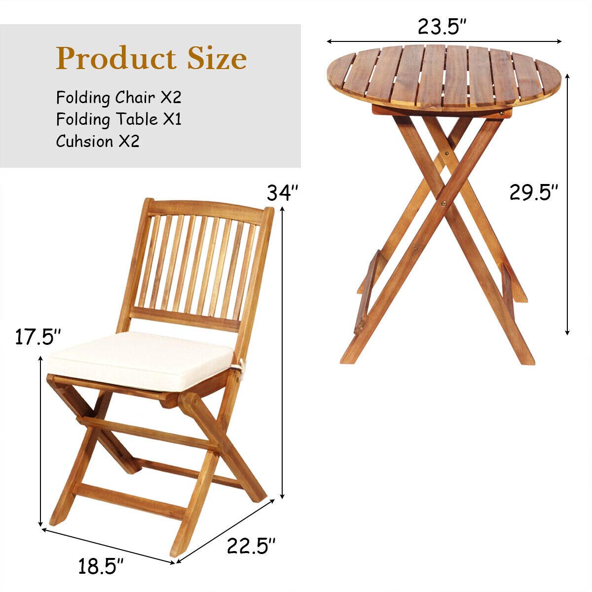 Tangkula 3-Piece Patio Folding Bistro Set - Acacia Wood Outdoor Dining Table & Chairs with Padded Cushions, Round Coffee Table - Perfect for Garden, Poolside, Balcony & Indoor Use (Cream)