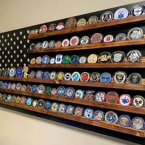 American Flag Challenge Coin Holder Display - Wooden Shelf Holds 90-100 Coins | Military, Police, Law Enforcement & First Responders Gift | Handmade in Texas | Perfect for Office, Home Decor & Collection Display