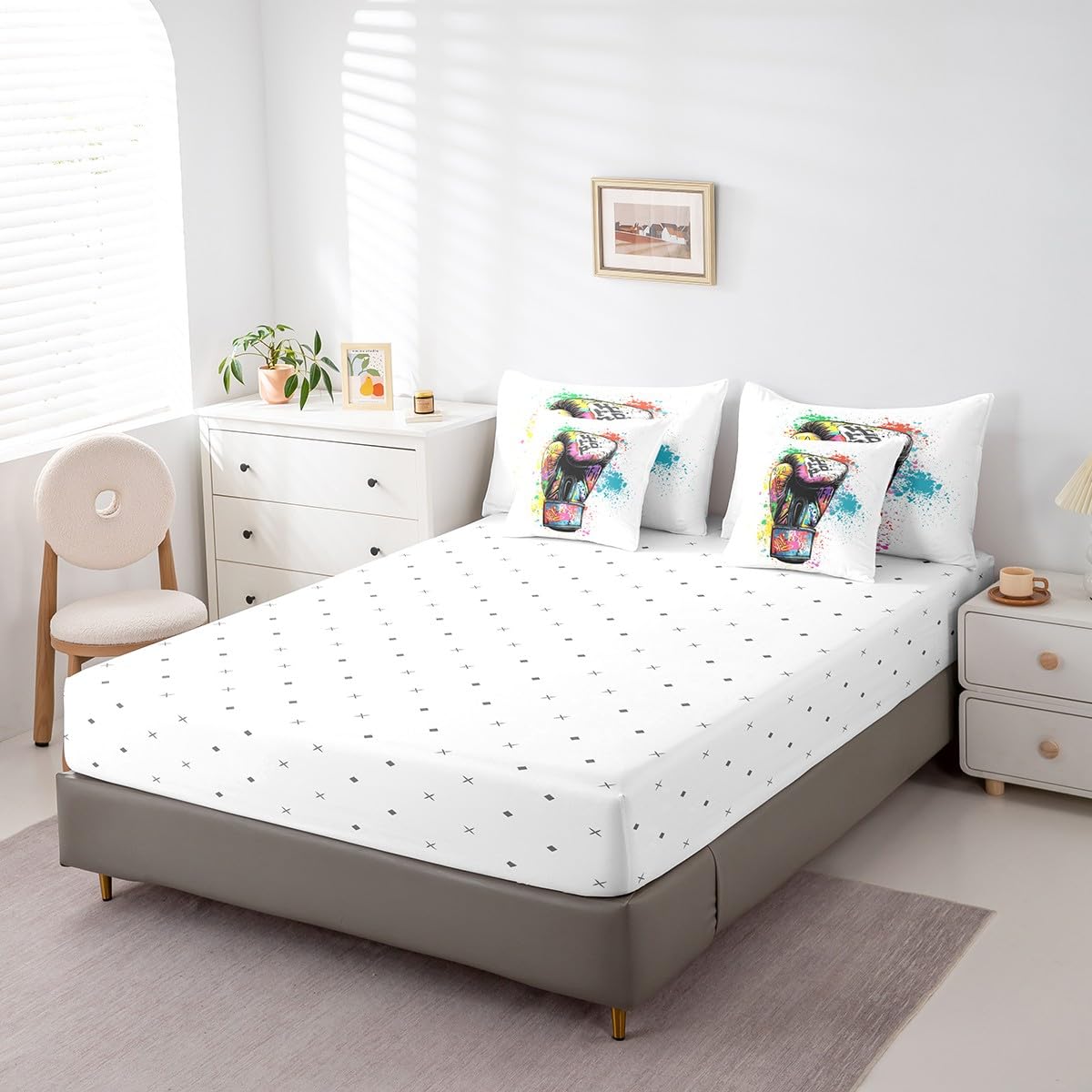 Feelyou 7-Piece Twin Bed in a Bag - Sports Themed Bedding Set for Boys & Girls with Boxing Gloves Print, Includes Comforter & Cushion Covers - Perfect for Kids' Rooms, Game Rooms & Sports-Themed Decor