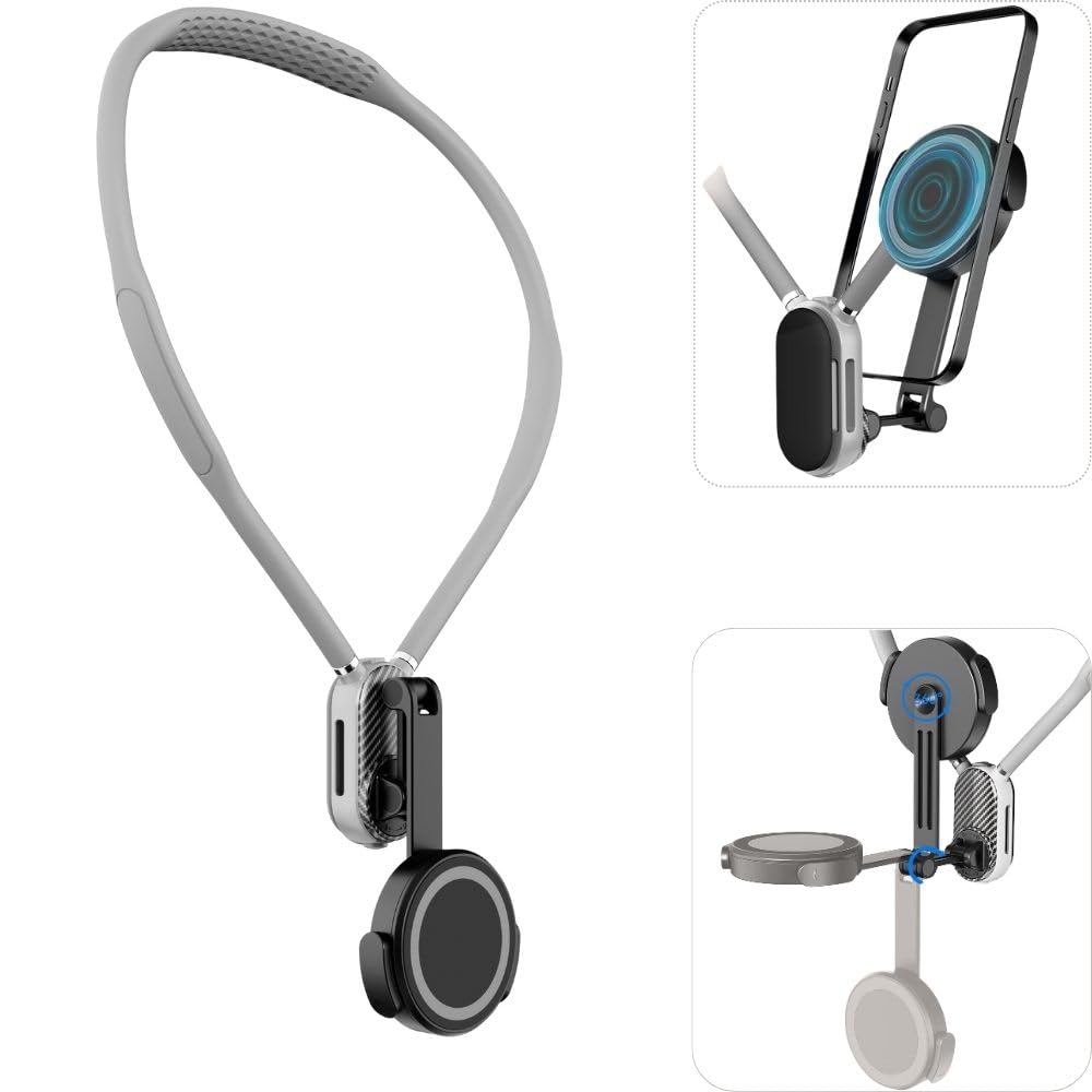 LEESENEVO Magnetic Neck Phone Holder - Adjustable Multi-Directional Rotation Phone Mount for POV/Vlogging, Compatible with iPhone & Android Smartphones (Grey) | Hands-Free Video Recording, Live Streaming & Content Creation Accessory
