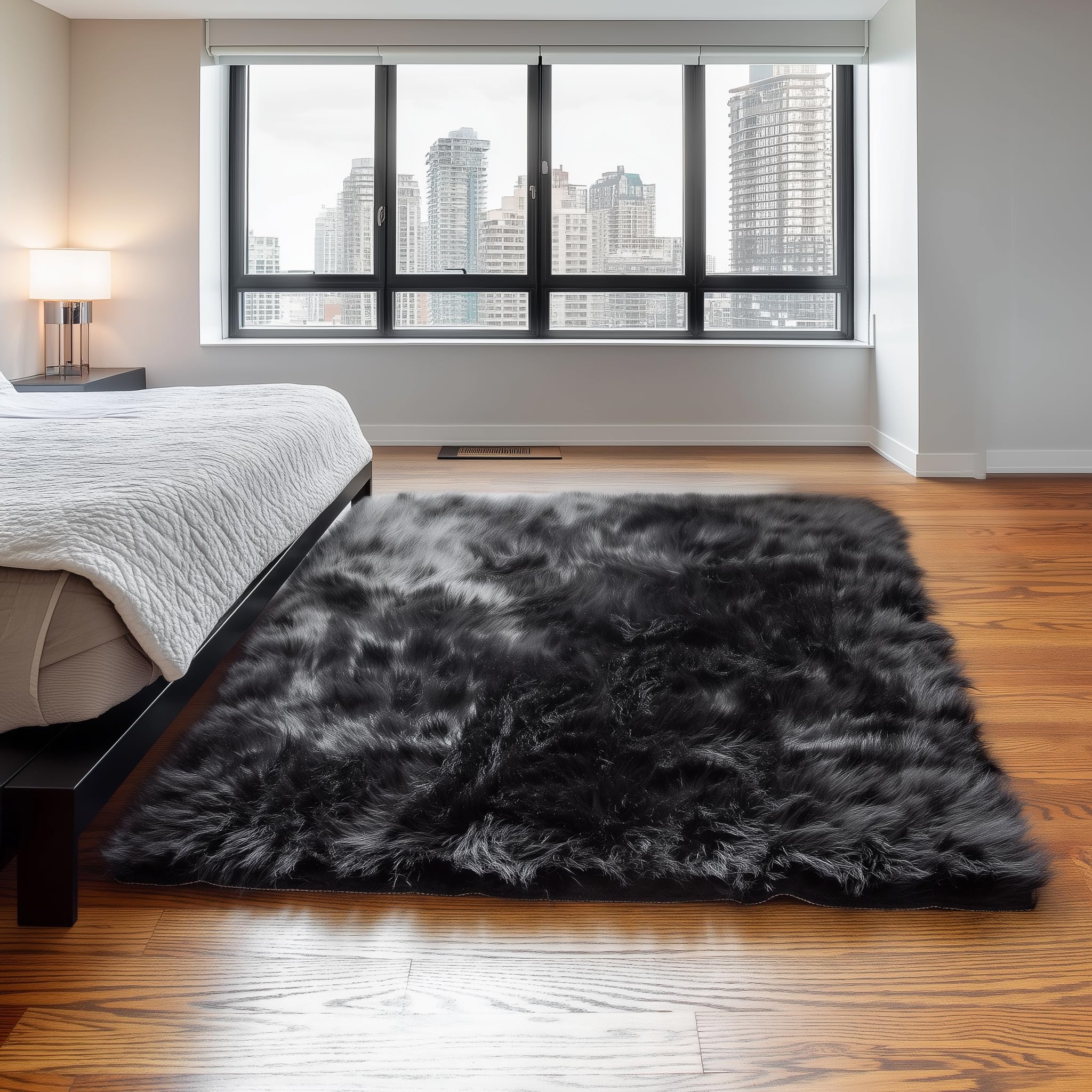 Premium 5x7 Feet Faux Sheepskin Rug - Ultra Soft Fluffy Black Area Carpet for Bedroom, Living Room & Nursery | Cozy Home Decor, Floor Mat for Kids Play Area & Pet-Friendly Space