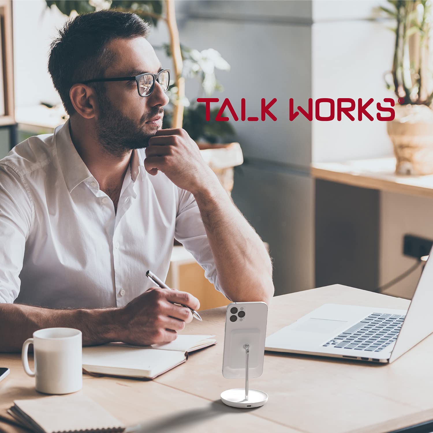 TalkWorks Magnetic Desktop Phone Stand for iPhone 15/14/13/12 Series - Compatible with MagSafe Cases - Includes Wall Adapter & 6ft USB-C Cable - Perfect for Home, Office, and Travel Charging