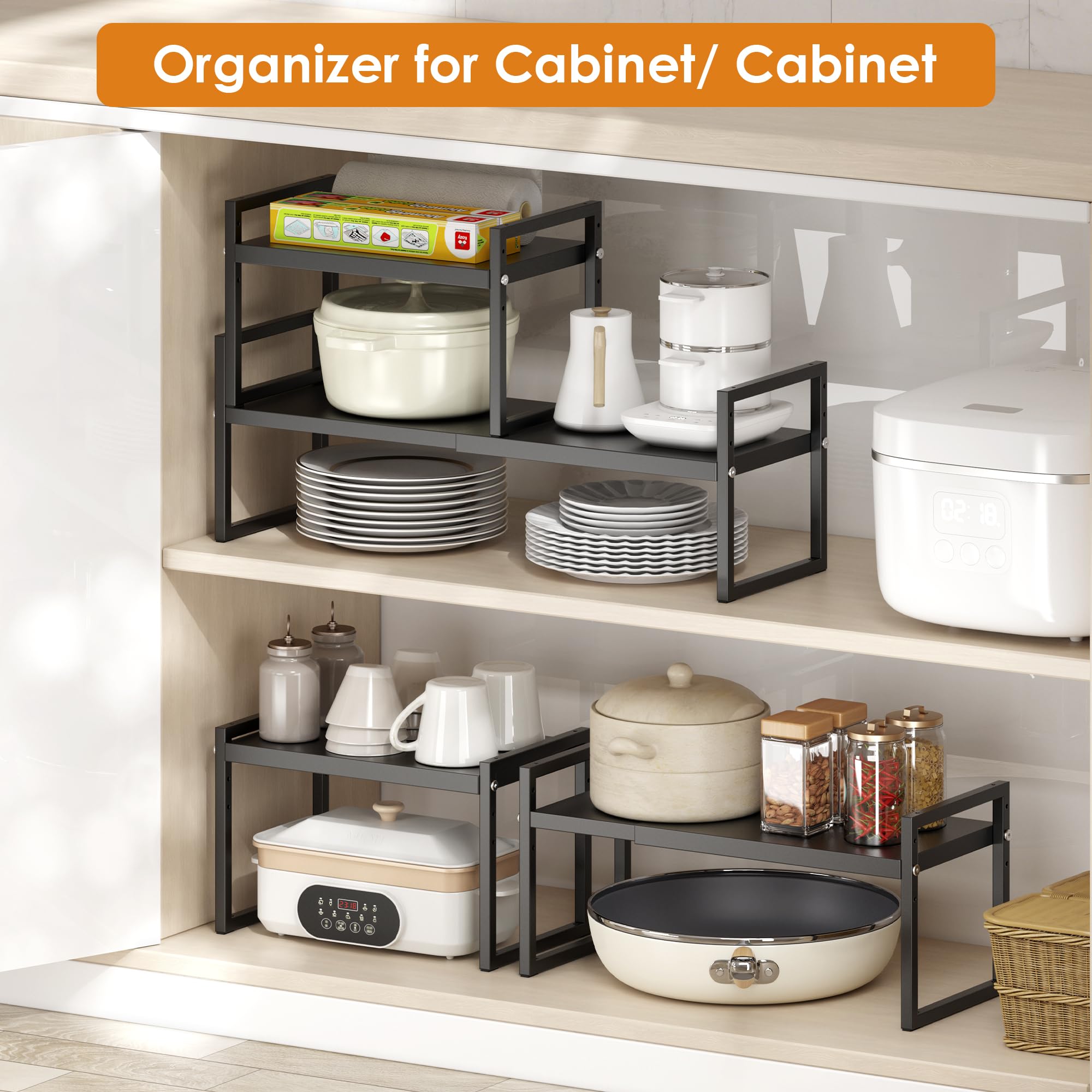 DOLALIKE Expandable Kitchen Countertop Organizer - Stackable Cabinet Shelf Organizer for Spices, Pantry & Bathroom Storage - Space Saving Shelf for Office & Home Use (Black, 1 Pack) - Perfect for Small Spaces & Clutter-Free Organization
