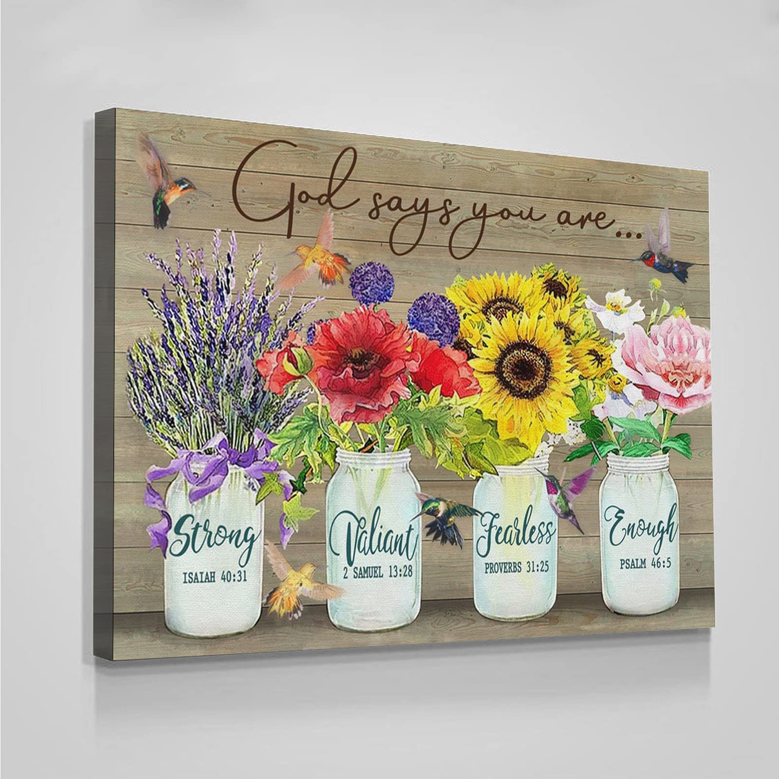 Christian Bible Verse Canvas Wall Art - 'God Says You Are Strong' Hummingbirds Print, 16x24 Inch Framed Poster for Living Room, Bedroom, Office & Home Decor | Inspirational Gift for Faith-Based Spaces
