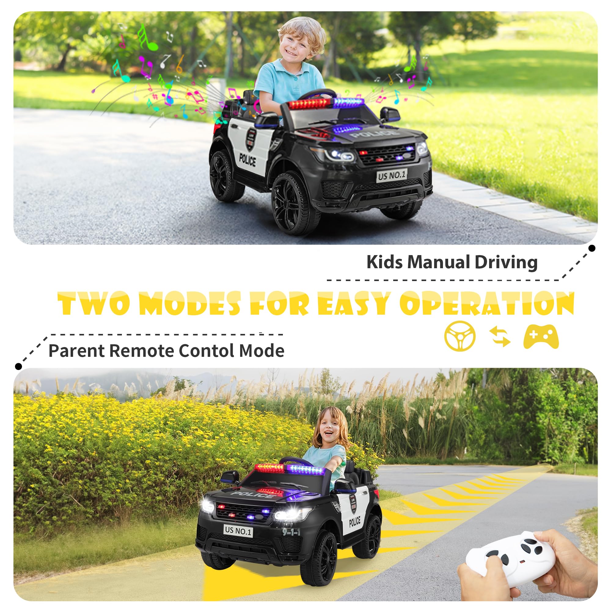 TOBBI 12V Electric Police Car Ride-On Toy for Kids Ages 3-6 - Remote Control & Parental Control, Realistic Lights & Siren, Large Police Vehicle Toy for Boys & Toddlers - Perfect for Indoor Play, Outdoor Adventures & Pretend Play as Little Officers (Black)