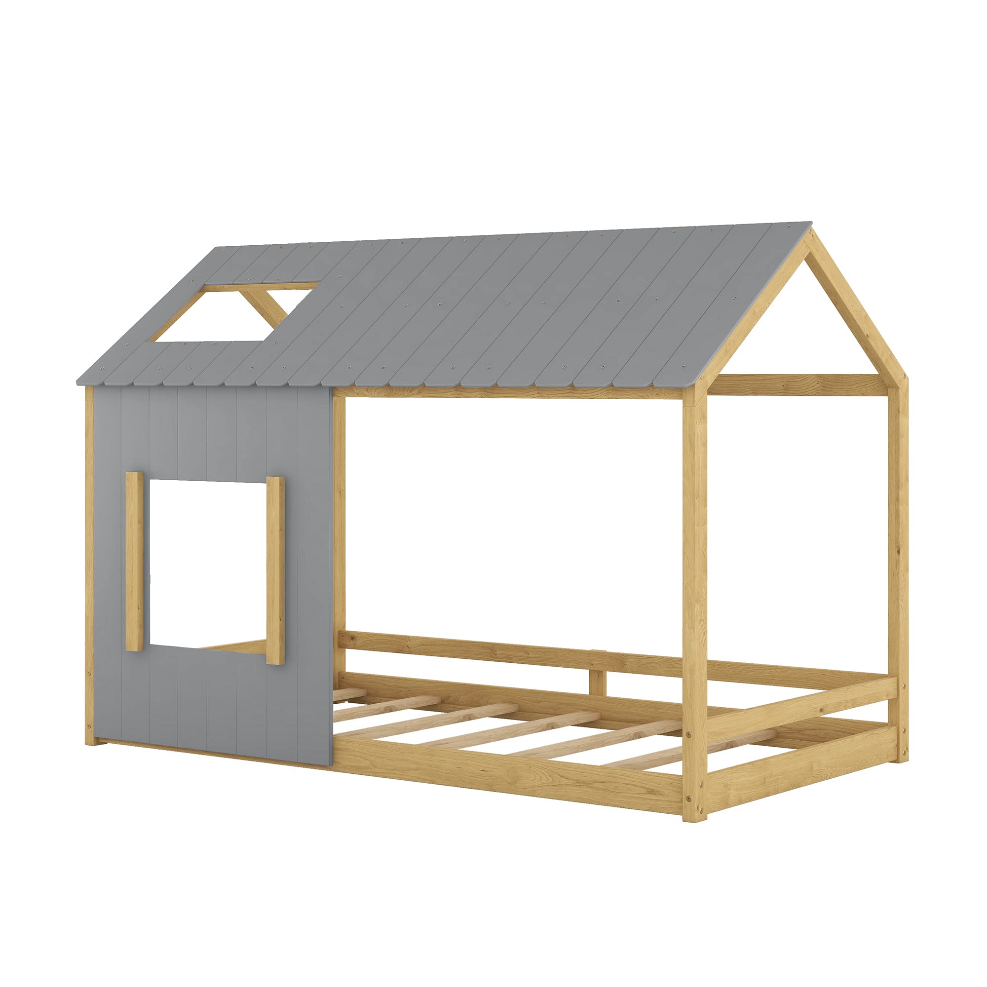 Montessori Twin House Bed for Kids - Wooden Floor Bed with Roof & Window, Playhouse Bed Frame for Girls & Boys, No Box Spring Needed (Gray+Natural) - Perfect for Bedroom, Playroom & Montessori Learning Spaces