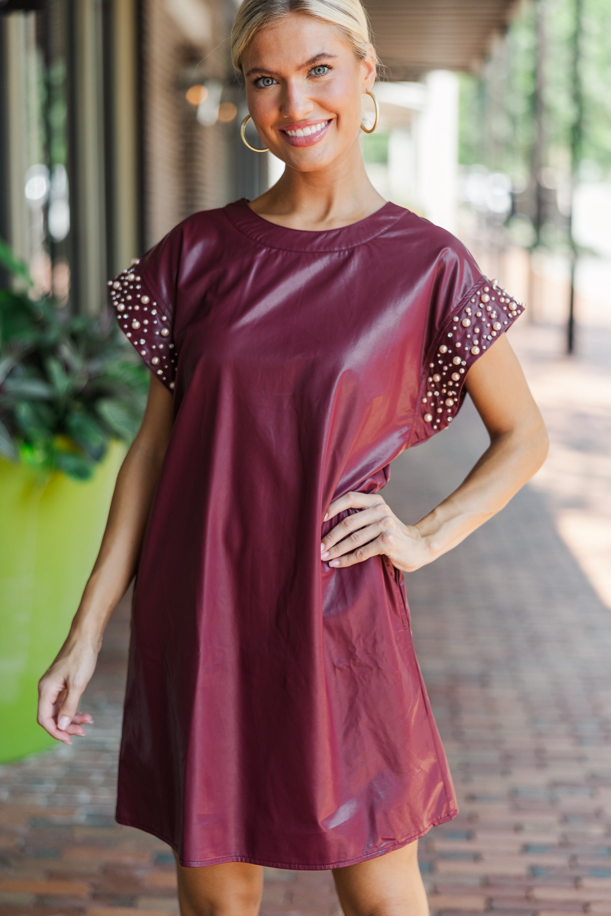 Bold Self Merlot Red Faux Leather Dress for Women - Elegant Vegan Leather Party Dress for Evening, Date Night & Special Occasions