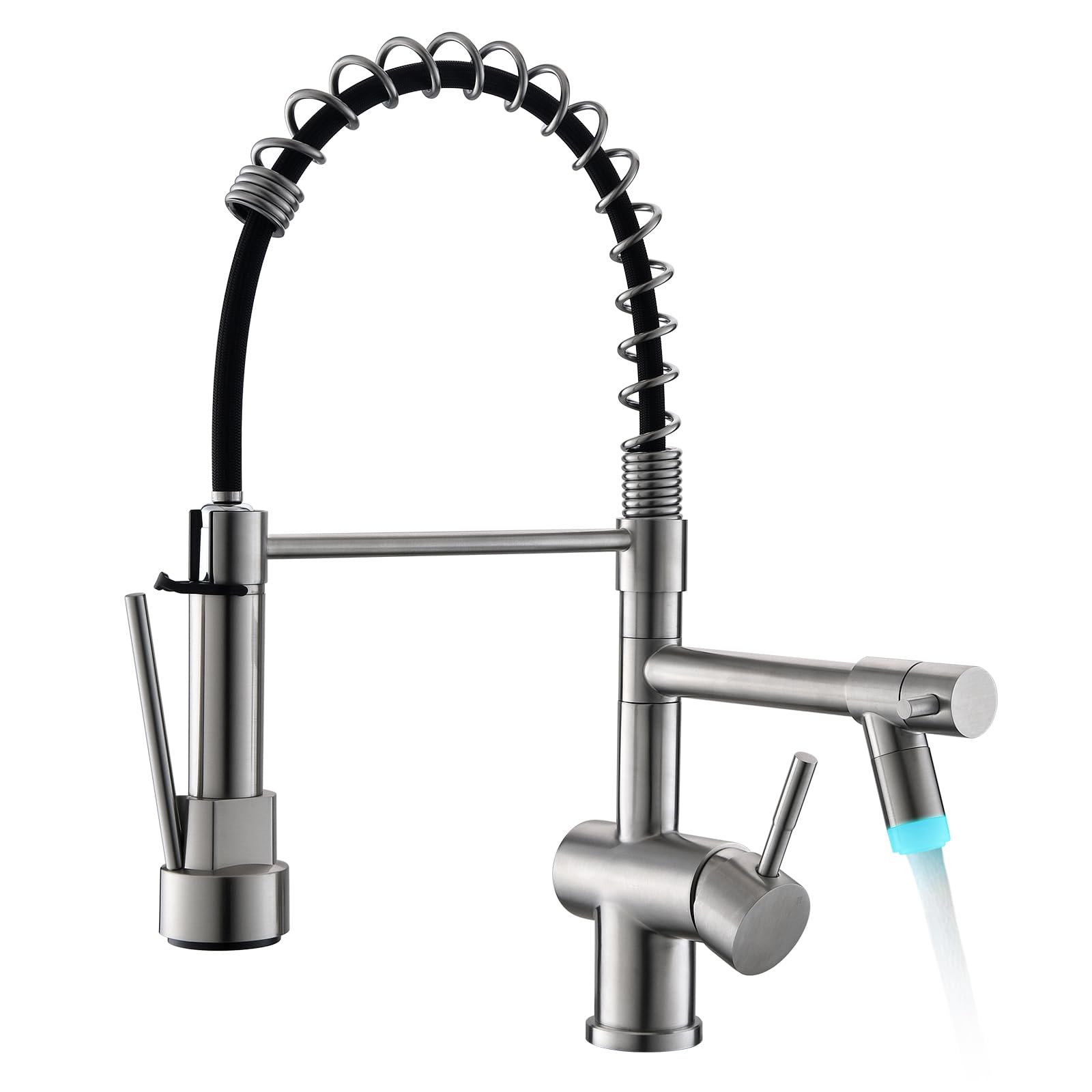Kicimpro LED Kitchen Faucet with Pull Down Sprayer - Brushed Nickel Single Handle High Arc 304 Stainless Steel Commercial Sink Faucet for 1 or 3 Hole Installation | Perfect for Home Kitchens, Bars, and Restaurants