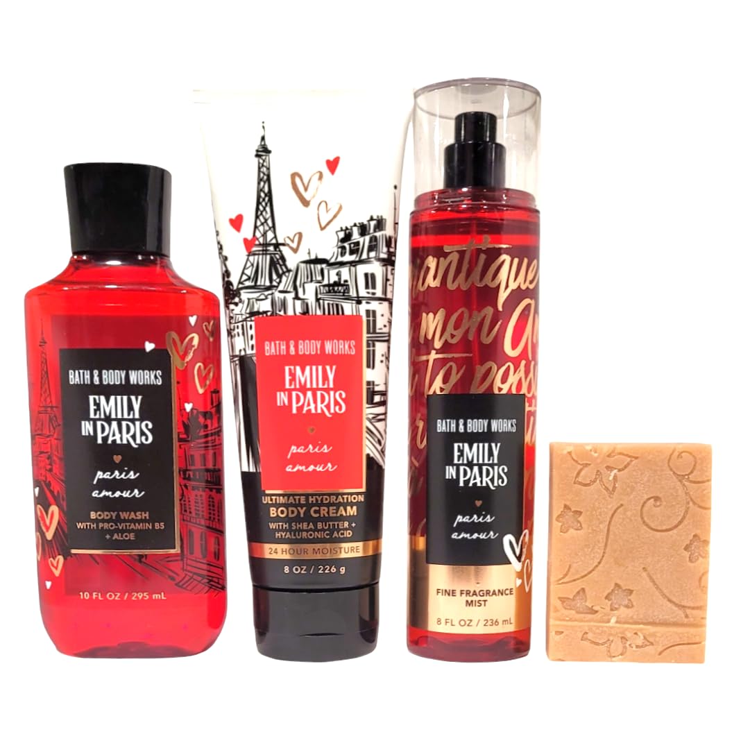 Paris Amour Bath & Body Gift Set - Full Size Body Wash, Cream & Fragrance Mist with Rosebud Ranch Goat Milk Soap Sample | Perfect for Self-Care, Spa Days & Romantic Gifts