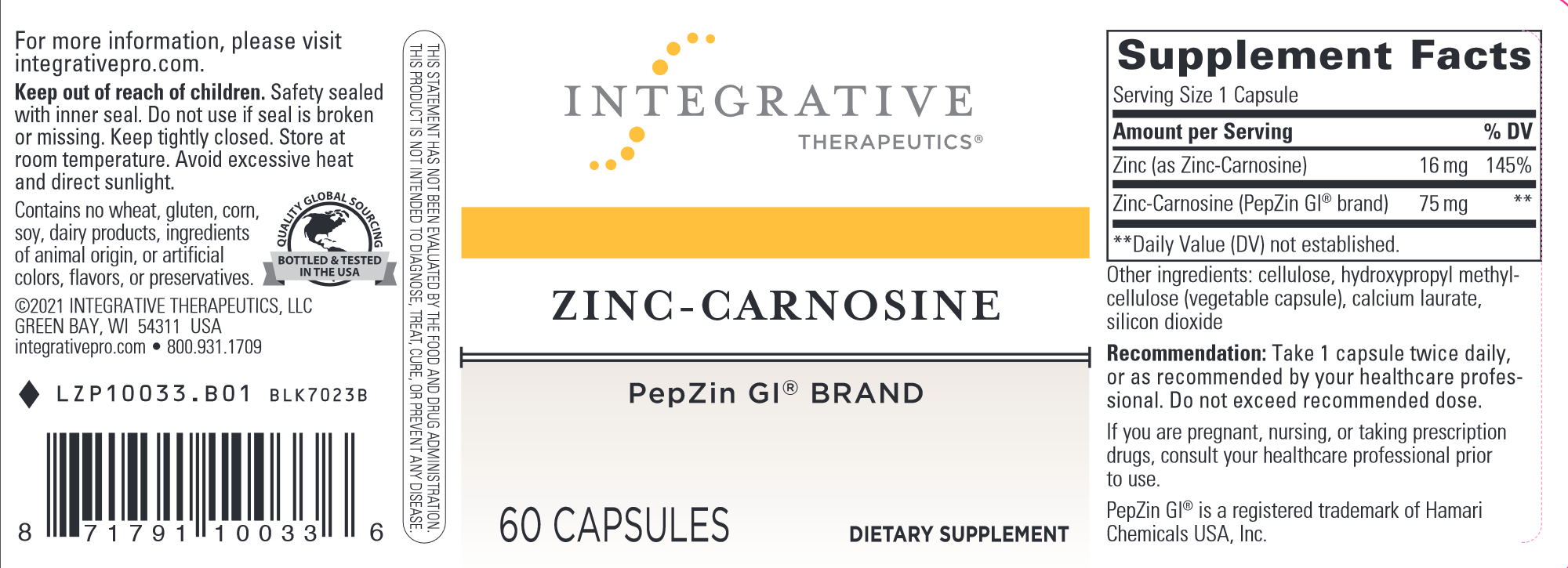 Best Zinc Carnosine Supplement for Gut Health & Stomach Support - Promotes Digestive Wellness & Immune Boost - Ideal for Daily Use & Travel