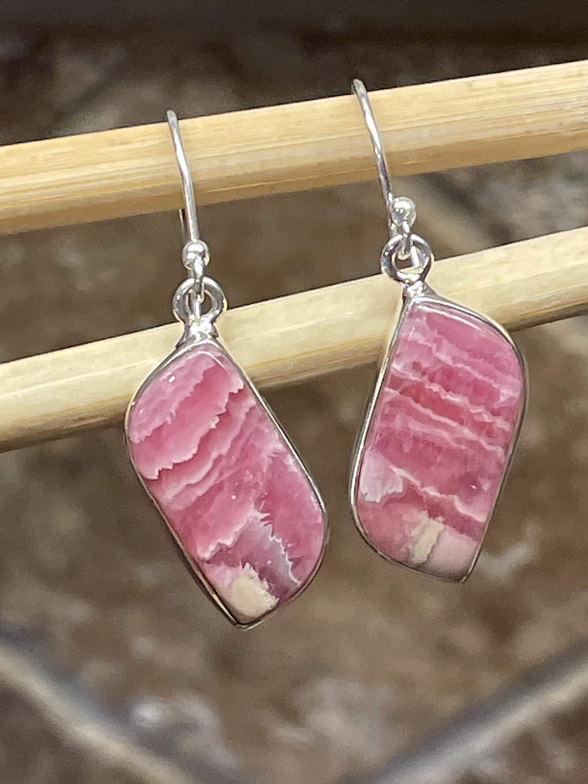 Natural Pink Rhodochrosite 925 Sterling Silver Earrings - 35mm Dangle Earrings for Women, Handmade Gemstone Jewelry Gift for Her - Perfect for Weddings, Parties & Special Occasions