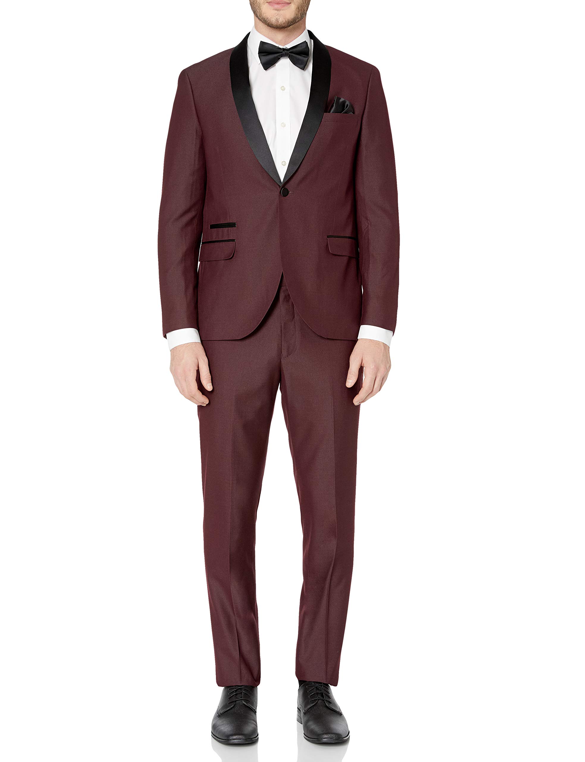 Adam Baker Men's Slim Fit One Button Satin Shawl Collar 2-Piece Tuxedo Suit - Black, Navy, Burgundy | Formal Wedding, Prom, Gala & Evening Events