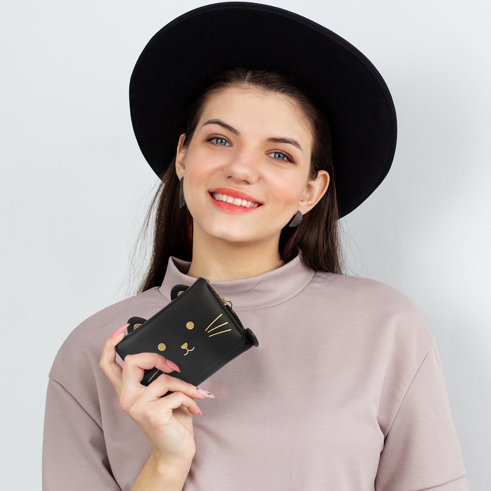 Stylish Small PU Leather RFID Blocking Women's Wallet - Cute Black Cat Bi-Fold Design with Multiple Slots, ID Window & Coin Pocket | Perfect for Everyday Use, Travel & Gift Giving