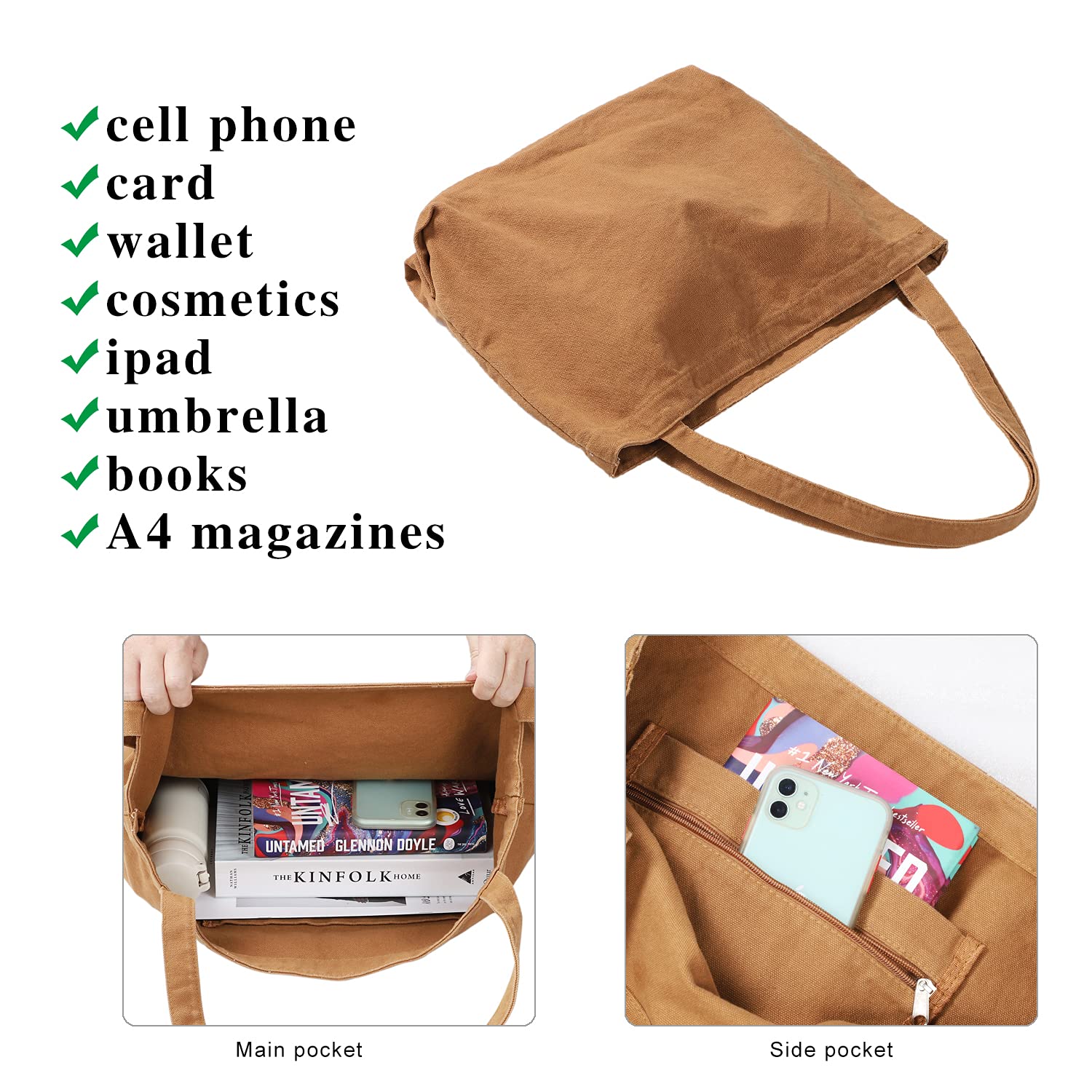 Etercycle Women's Large Canvas Tote Bag - Stylish Casual Shoulder Bag with Interior Pocket for School, Work, Shopping & Travel | Durable & Spacious Hobo Bag (Brown) - Perfect for Daily Commute, Beach Trips & Office Use