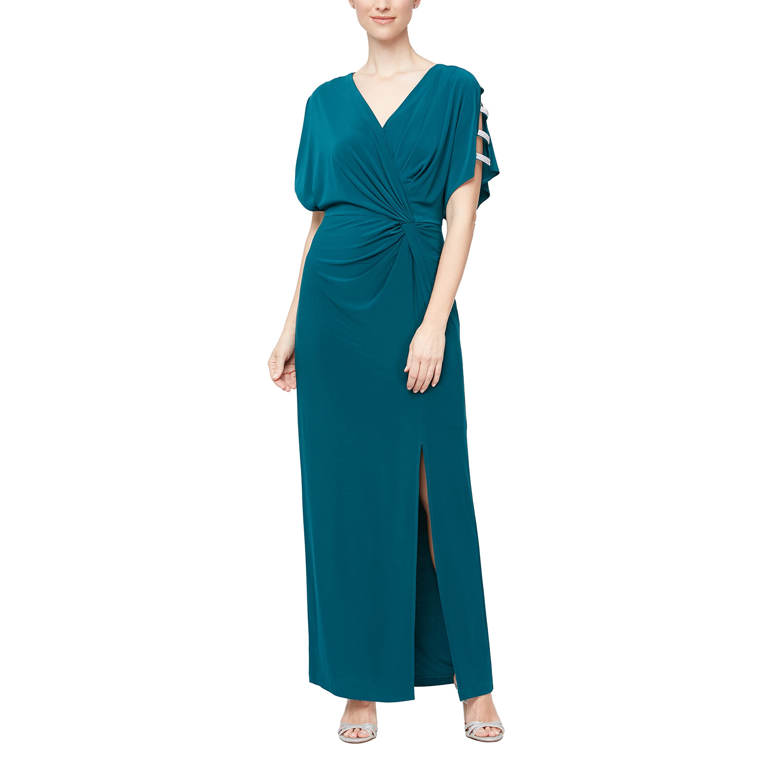 Alex Evenings Women's Long V-Neck Knot Front Wedding Guest Dress with Cold Shoulder Sleeves - Elegant Formal Gown for Bridal Party, Evening Events & Special Occasions (Petite & Regular Sizes)
