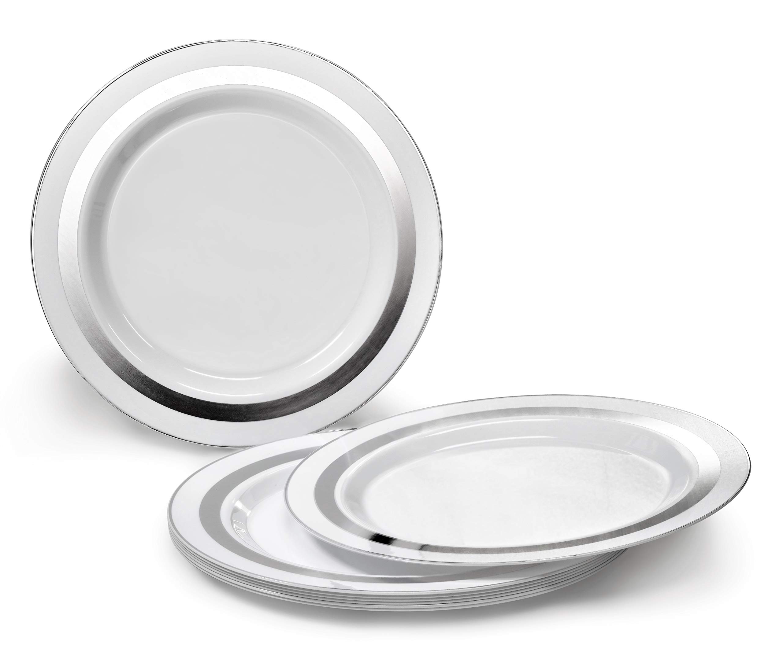 640-Piece Heavyweight Disposable Plastic Plate Set for Weddings & Parties - 80 x 10.5'' & 80 x 7.5'' Plates + Silverware + Cups + Linen-Like Napkins (Soleil White & Silver) - Perfect for Large Gatherings, Catering & Special Events