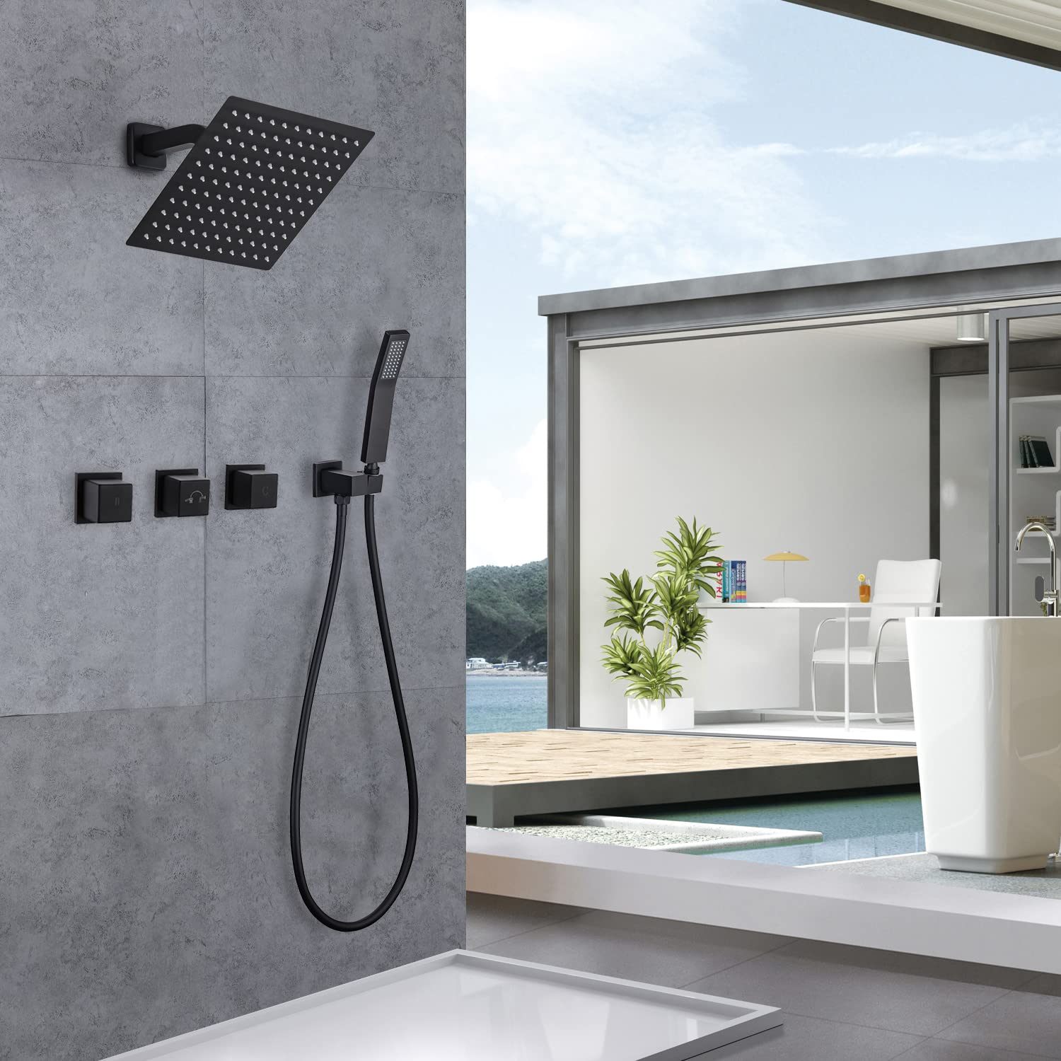 Matte Black 3-Handle Tub Shower Faucet System - High Flow Rain Shower Head & Handheld Spray Combo with Wall Mount Trim Kit & Valve | Perfect for Modern Bathroom Renovations & Spa-Like Shower Experience