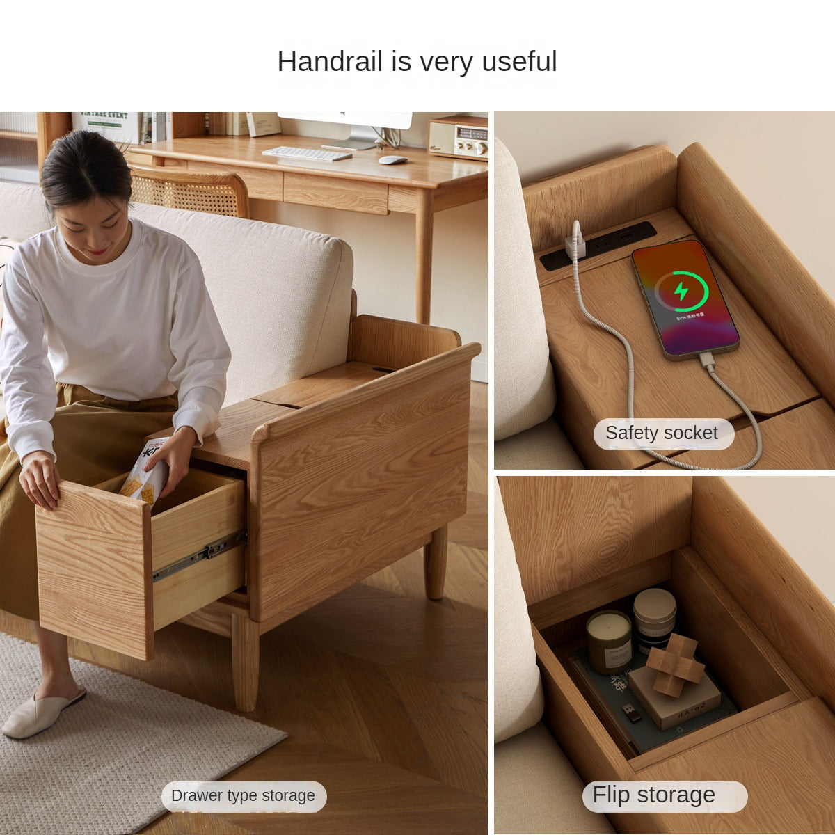 Oak Solid Wood Space-Saving Storage Sofa - Functional Multi-Purpose Sofa Bed with Hidden Storage for Small Apartments, Living Rooms & Guest Rooms