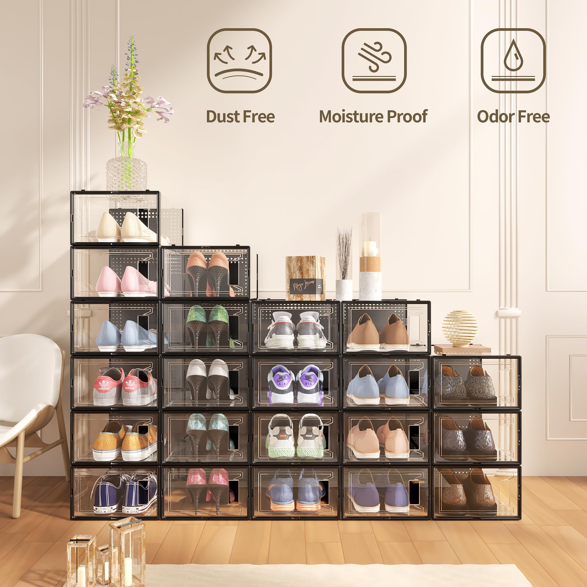 12 Pack Large Clear Plastic Shoe Storage Boxes with Lids - Stackable Modular Shoe Organizer for Closet, Space Saving Shoe Display Containers - Perfect for Sneaker Collection, Boot Storage & Closet Organization
