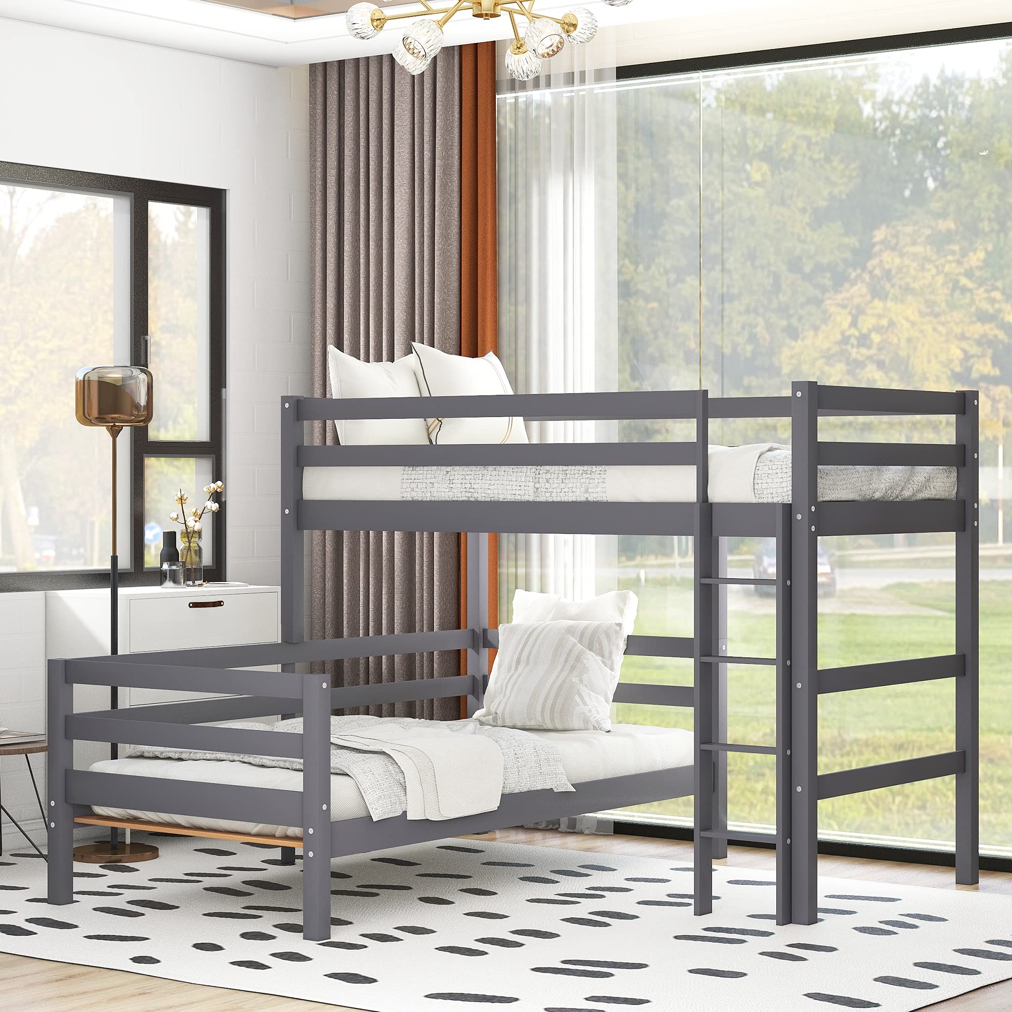 Solid Wood Twin Bunk Bed with Ladder - Grey Kids Bed for Small Spaces