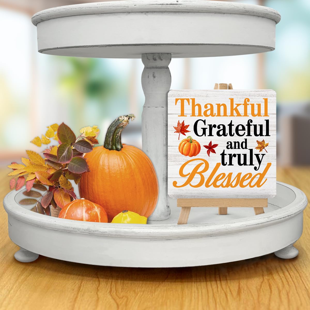 Thanksgiving Wood Sign - Thankful Grateful Blessed Home Decor with Easel Stand | Fall & Thanksgiving Table Decorations for Desk, Shelf, Tiered Tray | Perfect for Holiday Centerpieces, Mantel Decor & Seasonal Home Styling