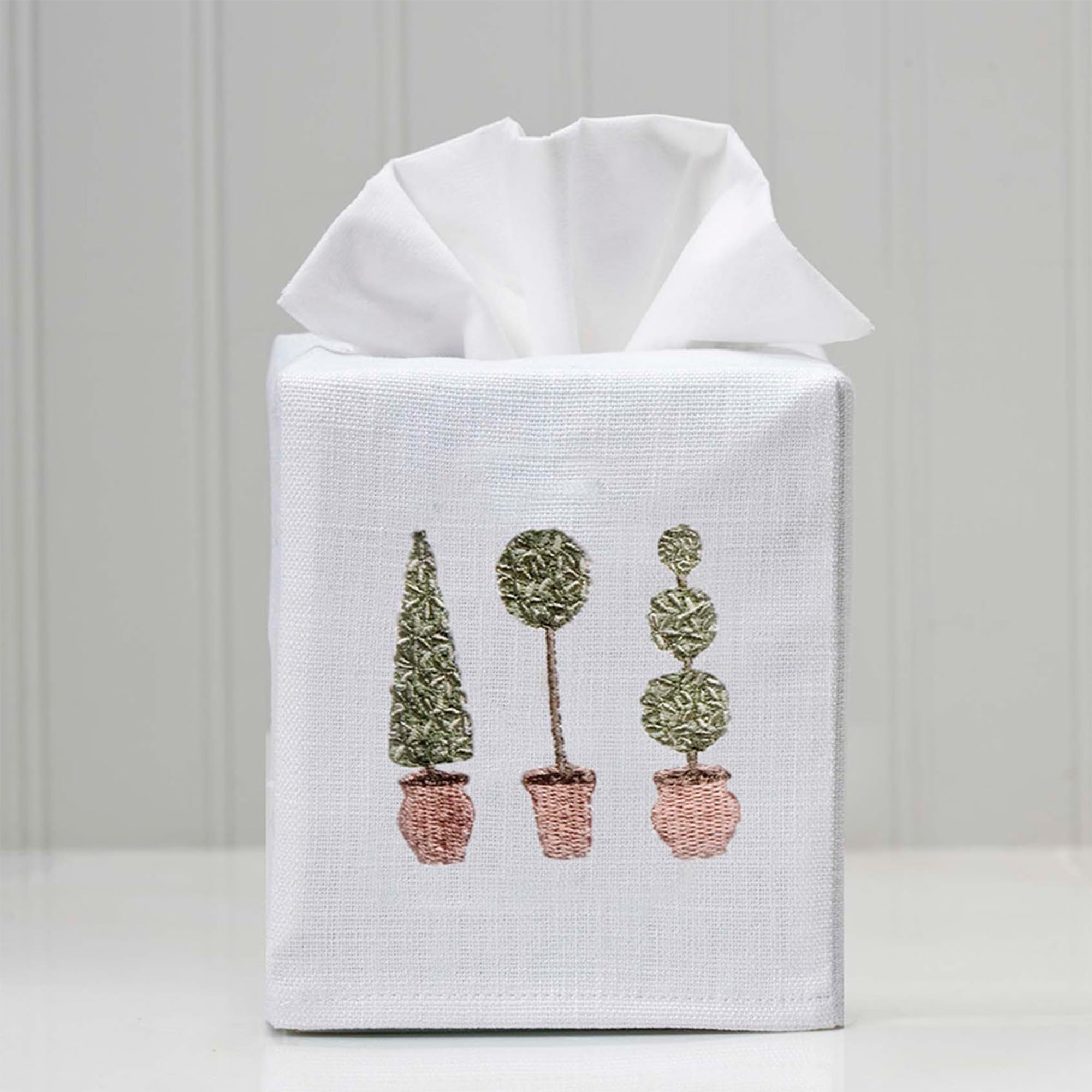 Jacaranda Living Square Tissue Box Cover - Linen Cotton Fabric Tissue Holder with Botanical Three Topiary Trees Design (Olive) - Decorative Cloth Tissue Cube Cover for Living Room, Bedroom & Office Decor