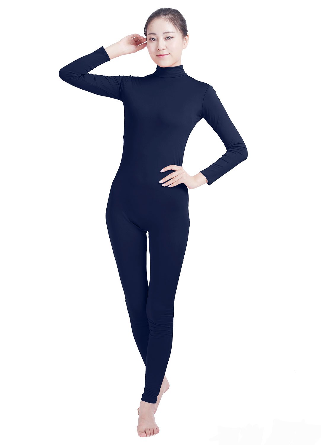 Women's High Neck Zip One Piece Unitard - Full Body Leotard & Bodysuit - Stretchy Lycra Spandex Skin Tights in Navy Blue - Perfect for Dance, Yoga, Gymnastics & Workouts