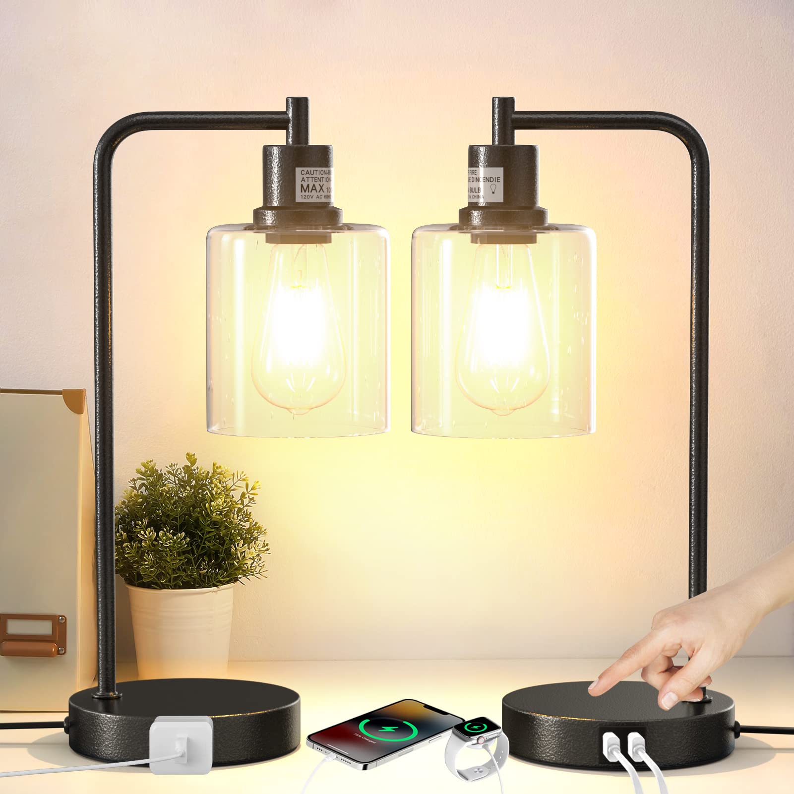 SHINESTAR Set of 2 Modern Industrial Table Lamps with USB Charging Port & AC Outlet - 3-Way Dimmable Touch Control Bedside Desk Lamp for Living Room, Bedroom, Office - Includes 2 LED Bulbs - Perfect for Night Reading, Home Decor and Workspace Lighting