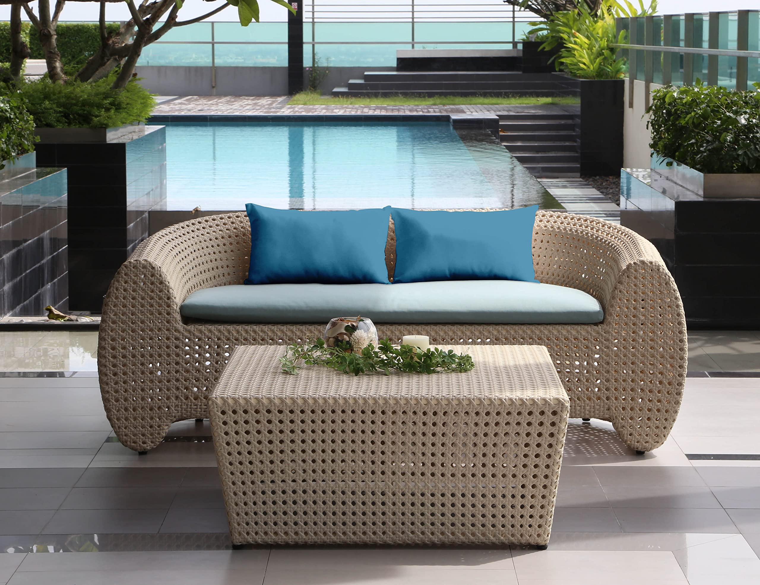 Waterproof Indoor Outdoor Lumbar Pillow Set of 2 - All-Weather Polyester Decorative Throw Pillows with Insert for Patio Furniture (Medium Blue) - Perfect for Sofa, Garden, Deck & Poolside Relaxation