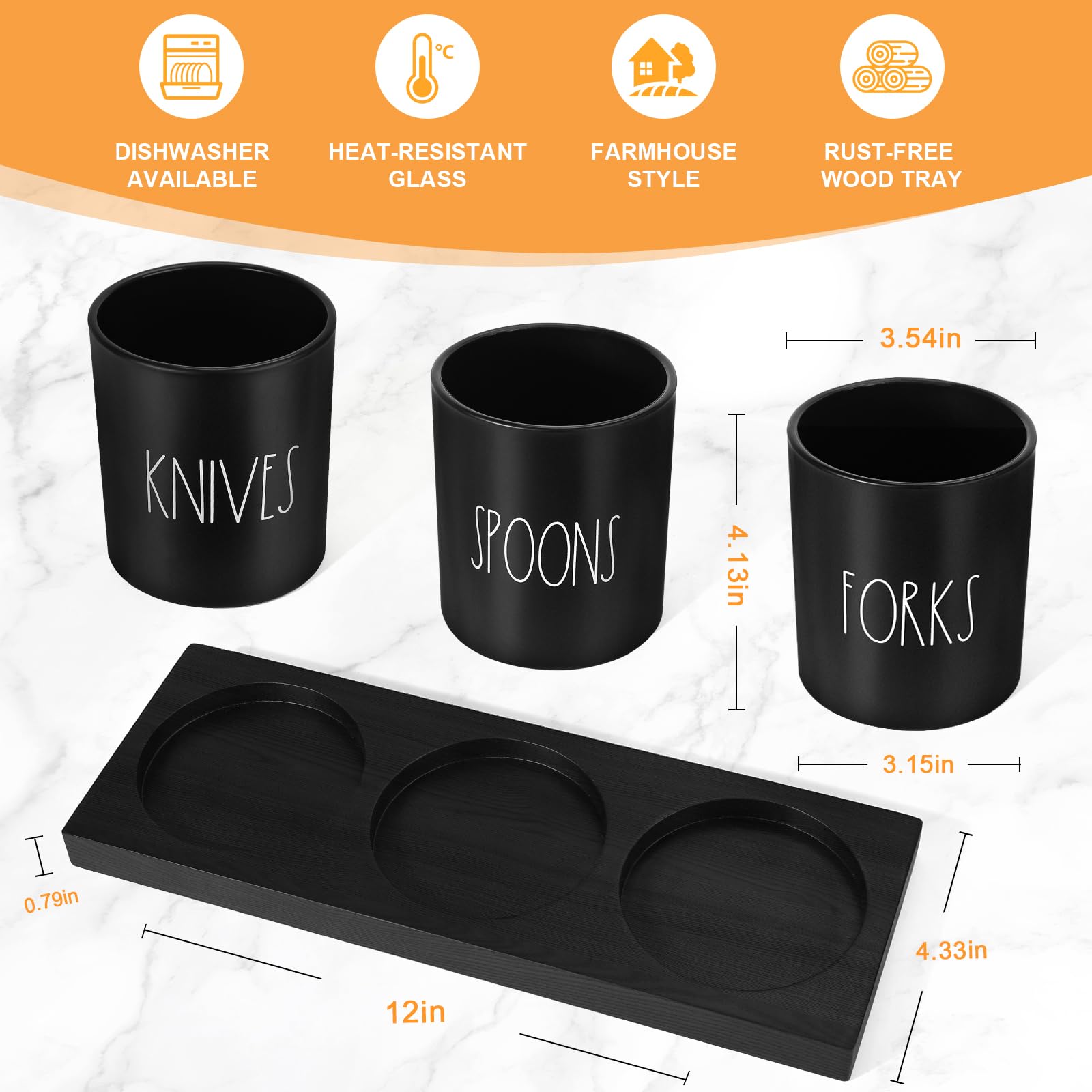 4-Piece Black Silverware Caddy with Wood Tray - Farmhouse Kitchen Utensil Holder for Countertop Organization - Perfect for Parties, Dining & Farmhouse Decor