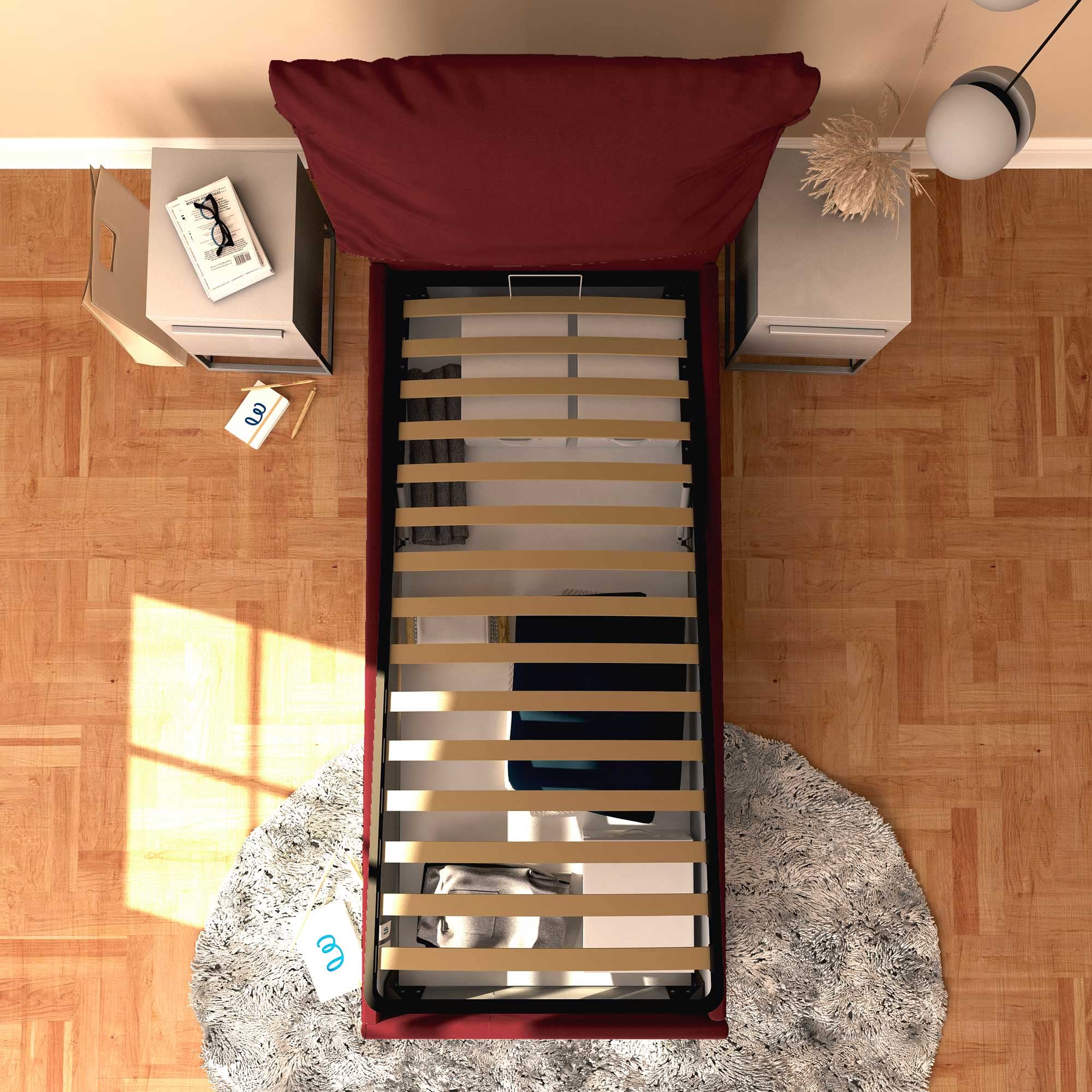 Baldiflex Single Bed with Storage - Licia Soft Synthetic Leather Upholstery, Slatted Base for Single Mattress, 90 x 200 cm, Padded Headboard, Bordeaux Red - Perfect for Small Bedrooms, Guest Rooms & Studio Apartments