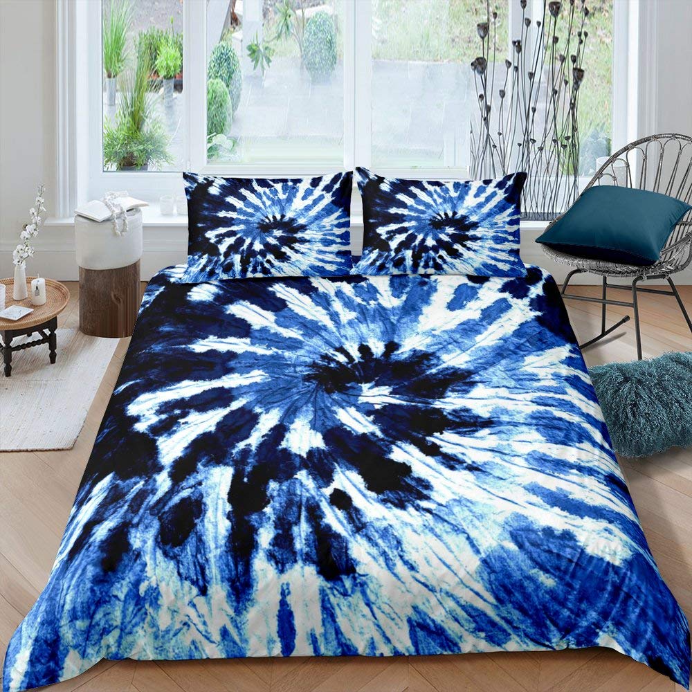 Tie Dye Blueberry Bedding Set - Psychedelic Comforter Cover Twin Size for Kids & Teens | Soft Microfiber Duvet Cover Blue & White | 2-Piece Bedding Set for Cozy Bedrooms & Dorm Rooms