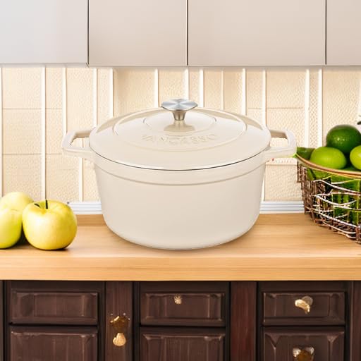 Vancasso 6 QT Enameled Cast Iron Dutch Oven with Lid - Dual Handles, Non-Stick Coating for Baking Bread, Soups & Stews - Perfect for Kitchen, Camping & Outdoor Cooking (White)