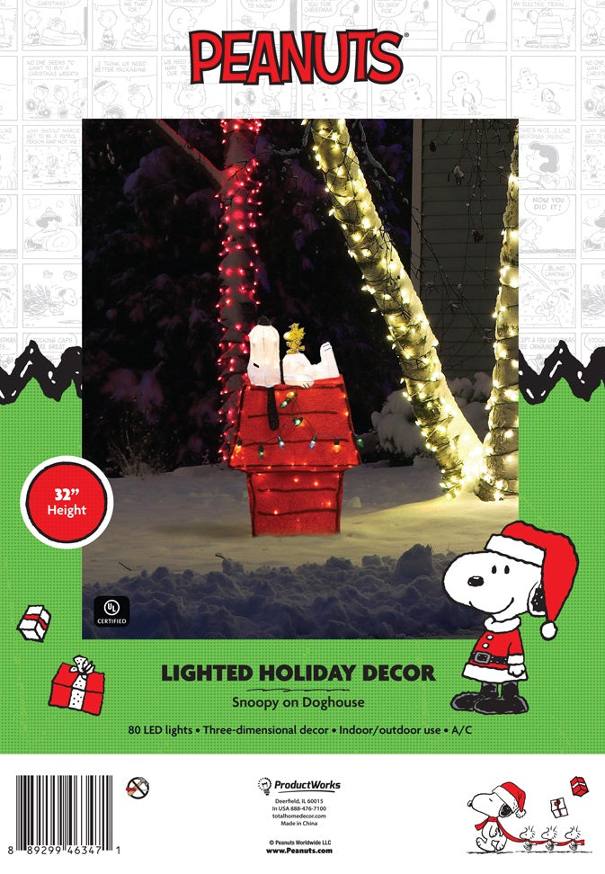 3D Lighted Soft Tinsel Snoopy on Dog House Sculpture - Christmas Decoration, Holiday Home Decor, Gift for Peanuts Fans, Bedroom & Living Room Accent