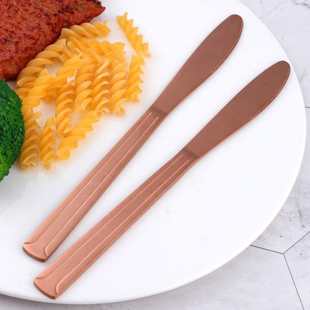 Premium Stainless Steel Dinner Knives Set of 12 - Rose Gold Flatware with Elegant Line Design, Titanium-Coated Steak Knives for Home, Restaurant & Wedding Use | Perfect for Fine Dining, Catering Events & Special Occasions