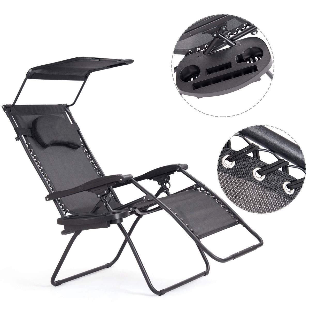 Premium Zero Gravity Folding Recliner Lounge Chair with Adjustable Shade Canopy & Magazine Cup Holder - Portable Outdoor Patio, Beach, Camping, Poolside Relaxation Chair (Black)