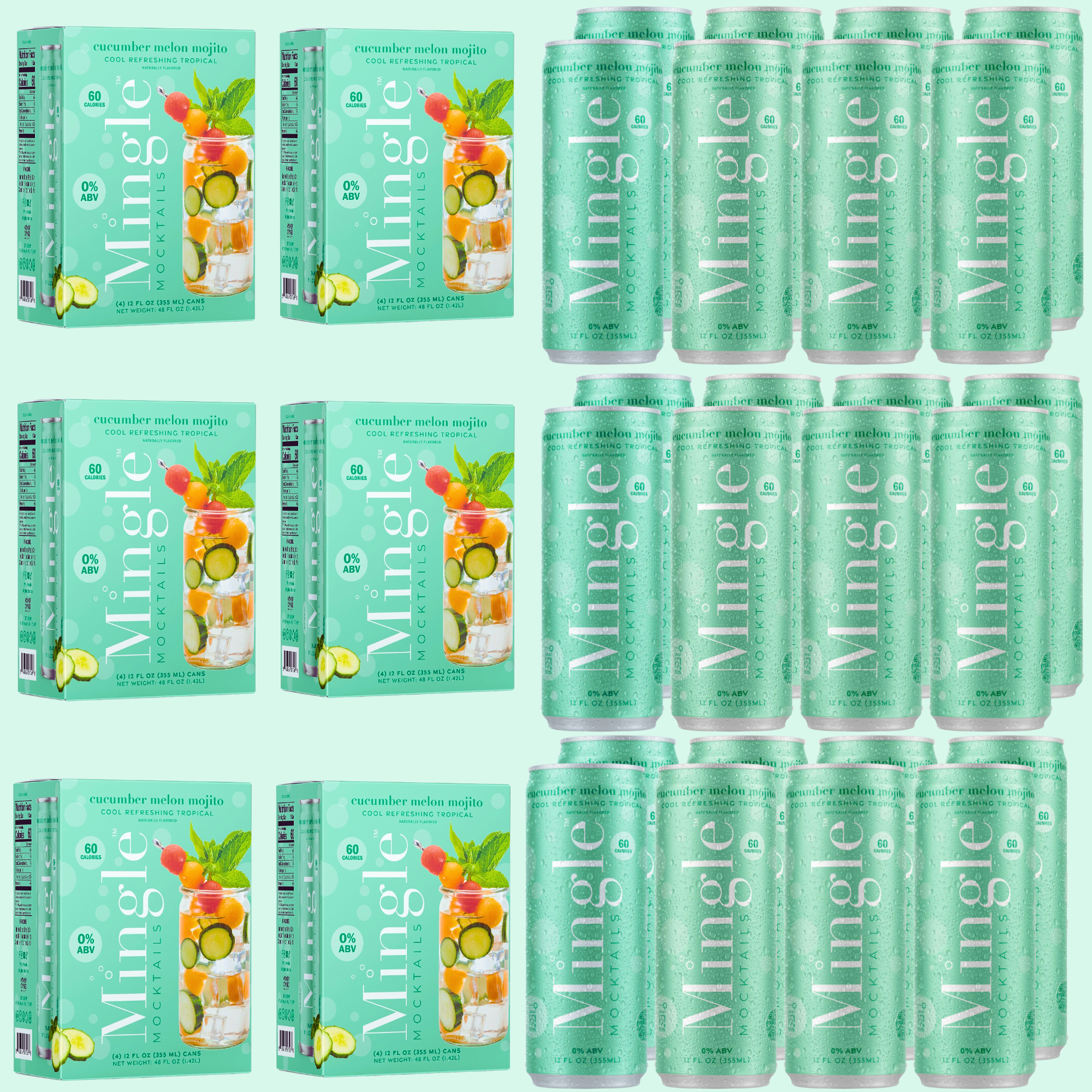 Mingle Mocktails Cucumber Melon Mojito Non-Alcoholic Drink Mix - 24 Pack (6x4 12oz Cartons) - Refreshing Summer Beverage for Parties, BBQs & Poolside Relaxation