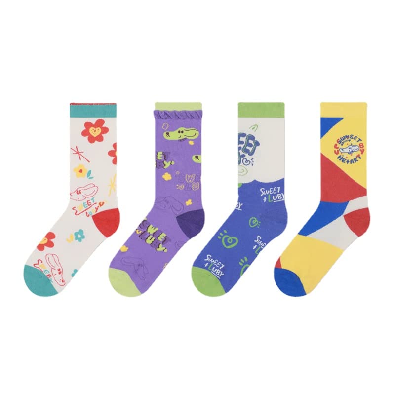 4 Pairs Women's Sweet Dog Pattern Animal Socks - Colorful Funny Casual Cotton Crew Socks with Cute Novelty Illustrations - Perfect for Gifts, Lounge Wear & Dog Lovers