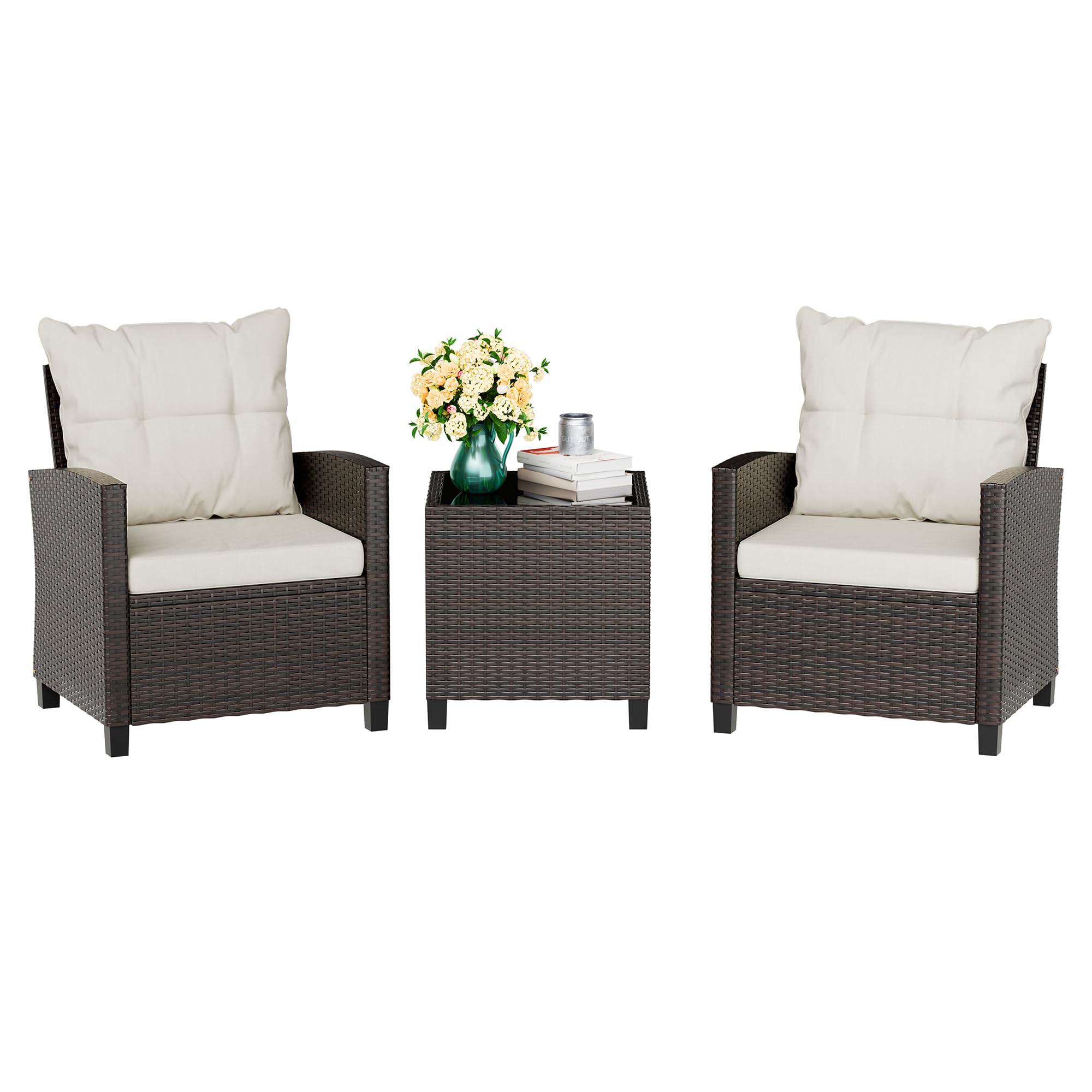 Vongrasig 3-Piece Outdoor Patio Furniture Set - Wicker Rattan Bistro Set with Cushioned Chairs & Glass Table for Porch, Garden, Backyard, Balcony, Poolside (Beige) | Perfect for Small Spaces, Relaxing Mornings & Outdoor Entertaining