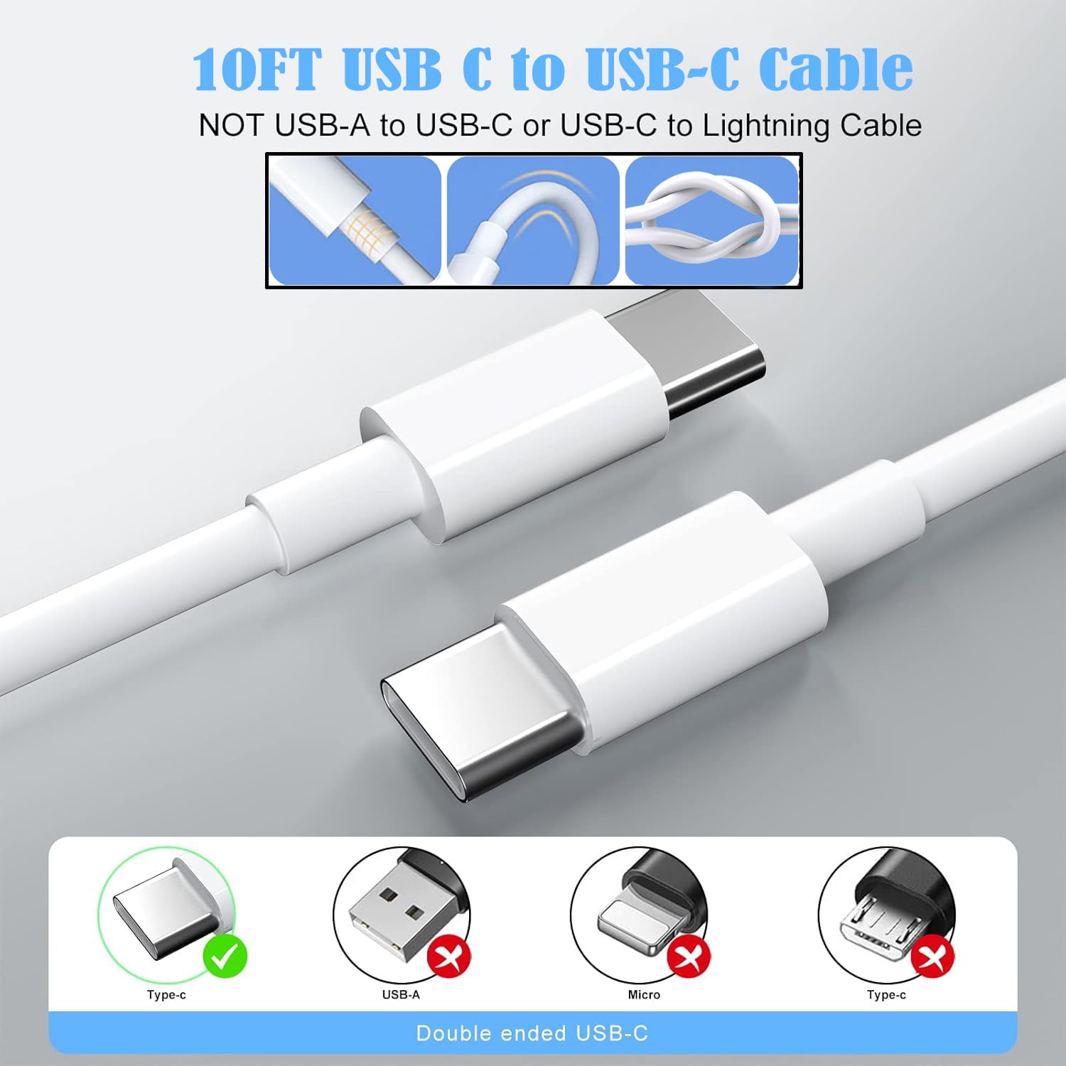 3-Pack 10FT USB C to USB C Fast Charging Cable for iPhone 16/15 Series - 20W PD Compatible with iPhone 16 Pro/Plus/Pro Max, iPad Pro/Air/Mini - Extra Long 10-Foot Cord with Power Adapter - Perfect for Home, Office & Travel Charging