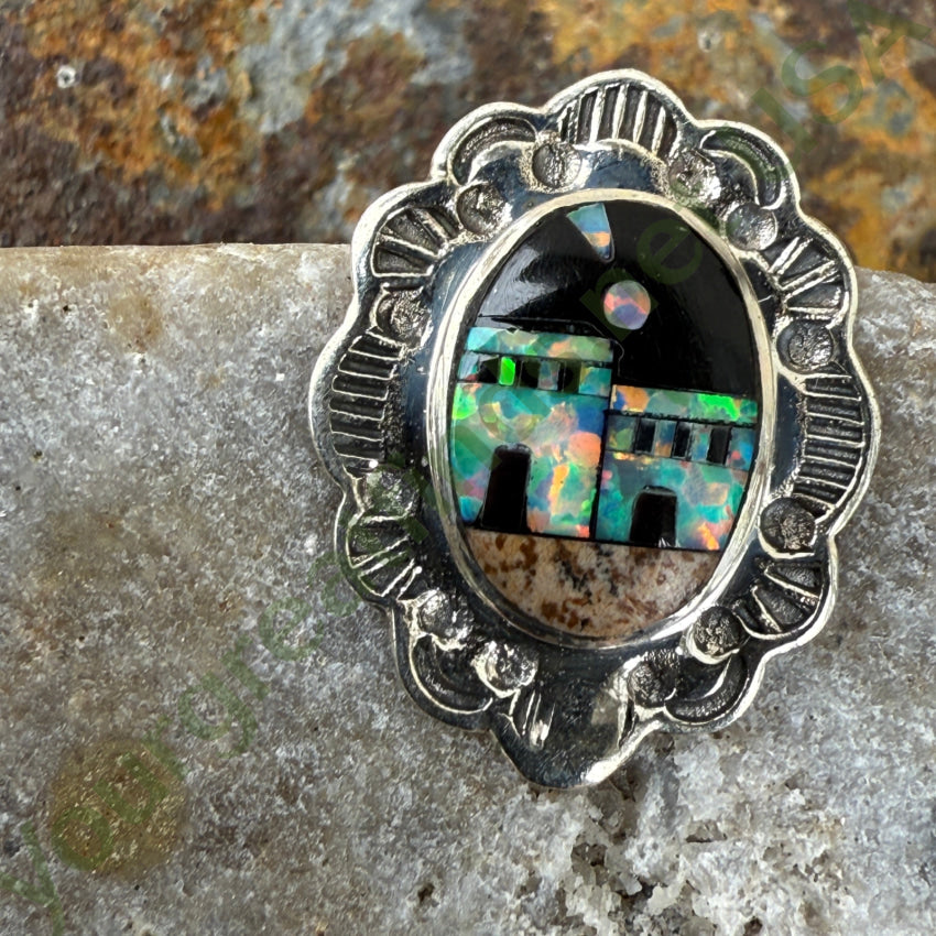 Sterling Silver Opal Jasper & Jet Inlay Pueblo Landscape Pierced Earrings for Women | Handmade Native American Jewelry | Perfect for Boho, Festival & Everyday Wear