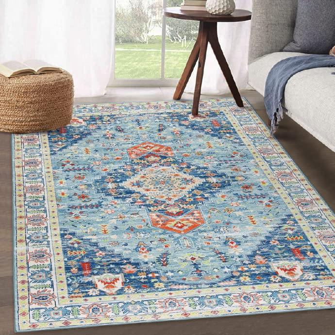 Vintage Blue Washable Area Rug 9x12 - Non-Slip Distressed Aesthetic Floor Carpet for Living Room & Dining Room | Perfect for Home Decor, Cozy Spaces, and High-Traffic Areas