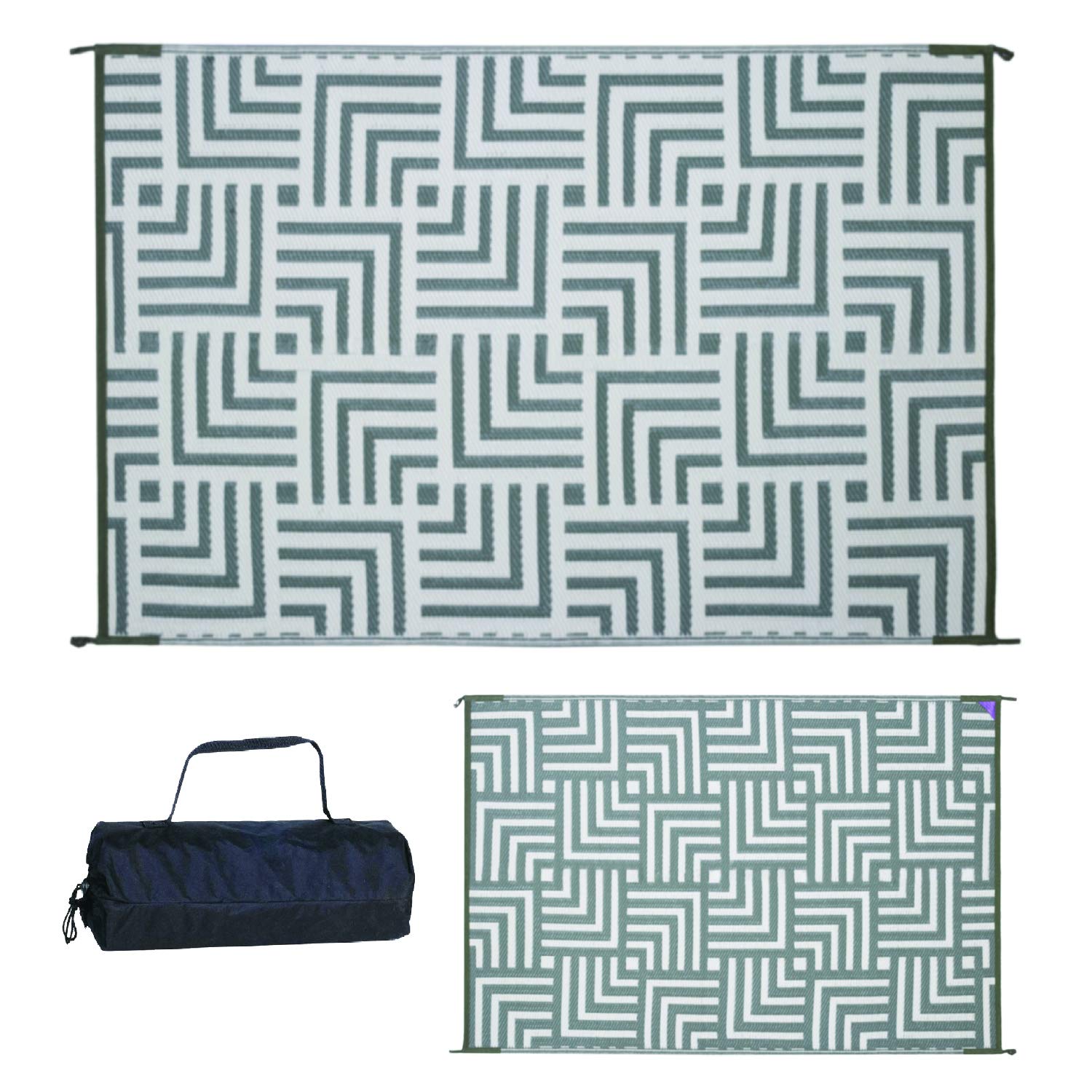 Stylish Camping 274064 4x6 Feet Reversible Plastic Straw Rug - Large Outdoor Floor Mat for RV, Patio, Backyard, Picnic, Beach & Camping - Geometric Design in Olive Green/Beige - Perfect for Outdoor Gatherings, Relaxation and Home Decor