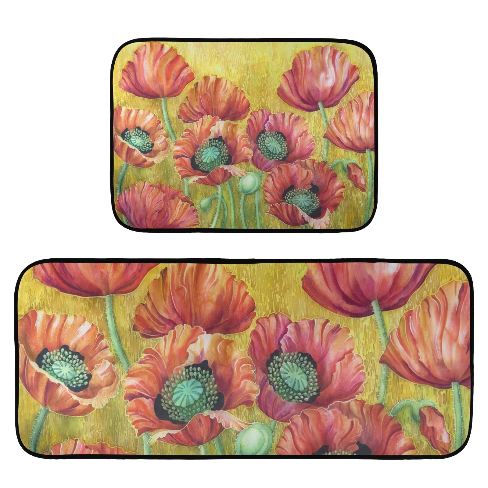 Emelivor Batik Poppy Kitchen Mat Set of 2 – Anti-Fatigue Non-Slip Foam Cushioned Rug – Comfort Standing Mat for Farmhouse, Laundry & Kitchen – Perfect for Sink, Stove & High-Traffic Areas