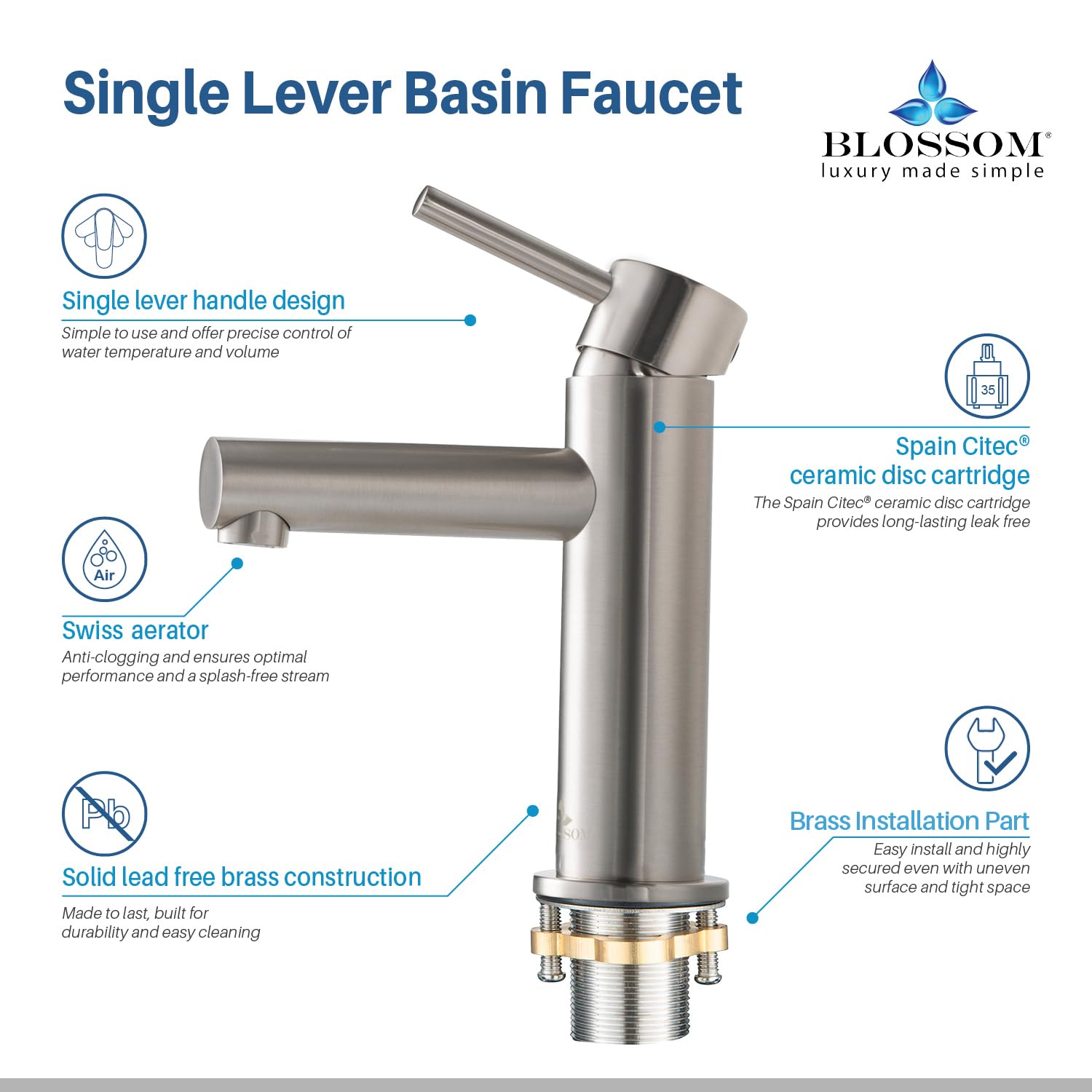 Blossom Brass Single Handle Bathroom Sink Faucet - Modern Round Vanity Basin Fixture with Water Hose | Easy Install Single Hole Lavatory Faucet | F01 116 02 (Brushed Nickel) | Perfect for Home, Hotel & Commercial Bathroom Renovation
