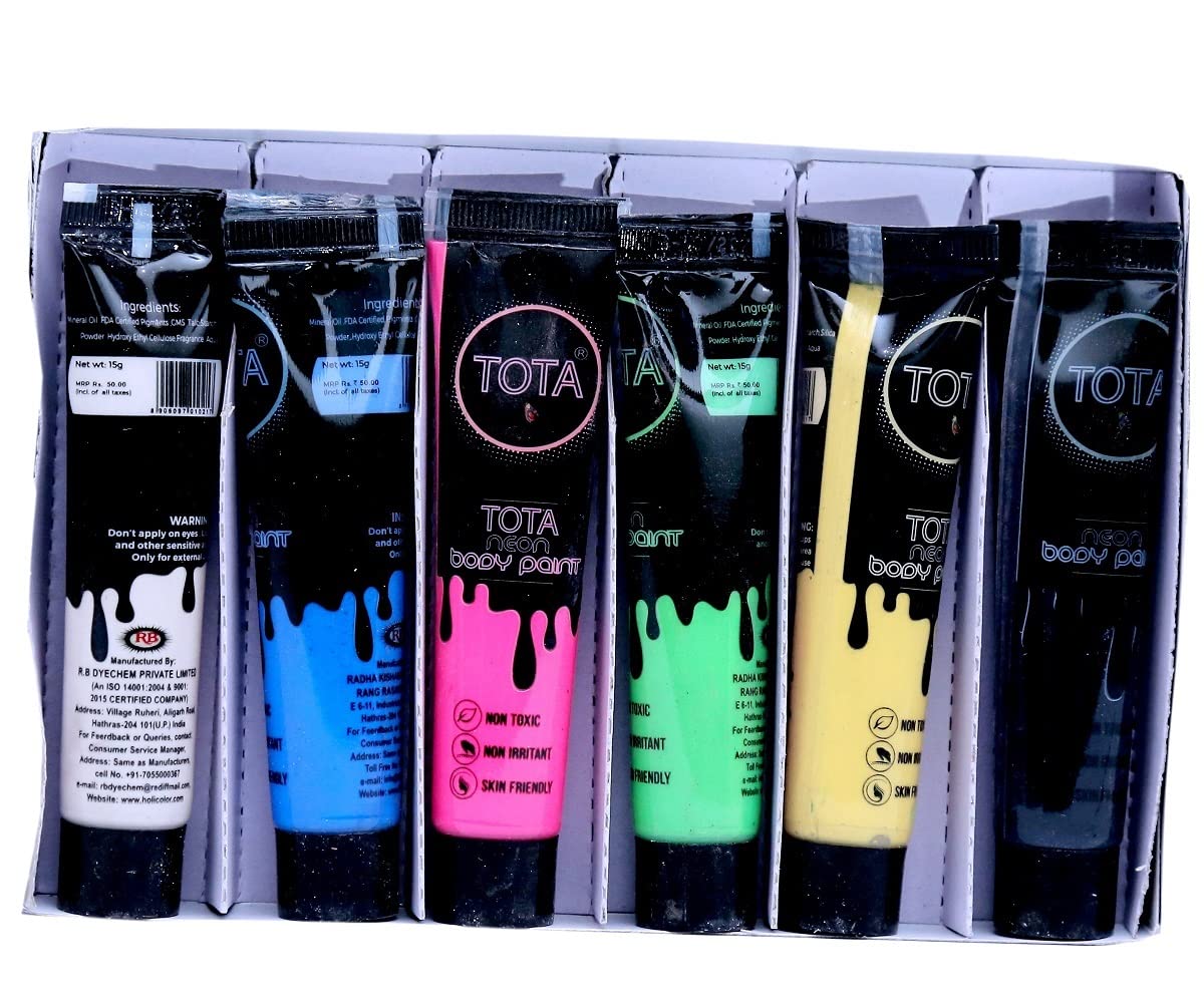Non-Toxic Face & Body Paint Set - 6 Vibrant Colors (White, Yellow, Orange, Green, Blue, Pink) for Parties, Halloween, Holi Festival & UV Glow Events | Safe for Kids & Adults | Perfect for Costume Parties, Festivals & Nighttime Celebrations