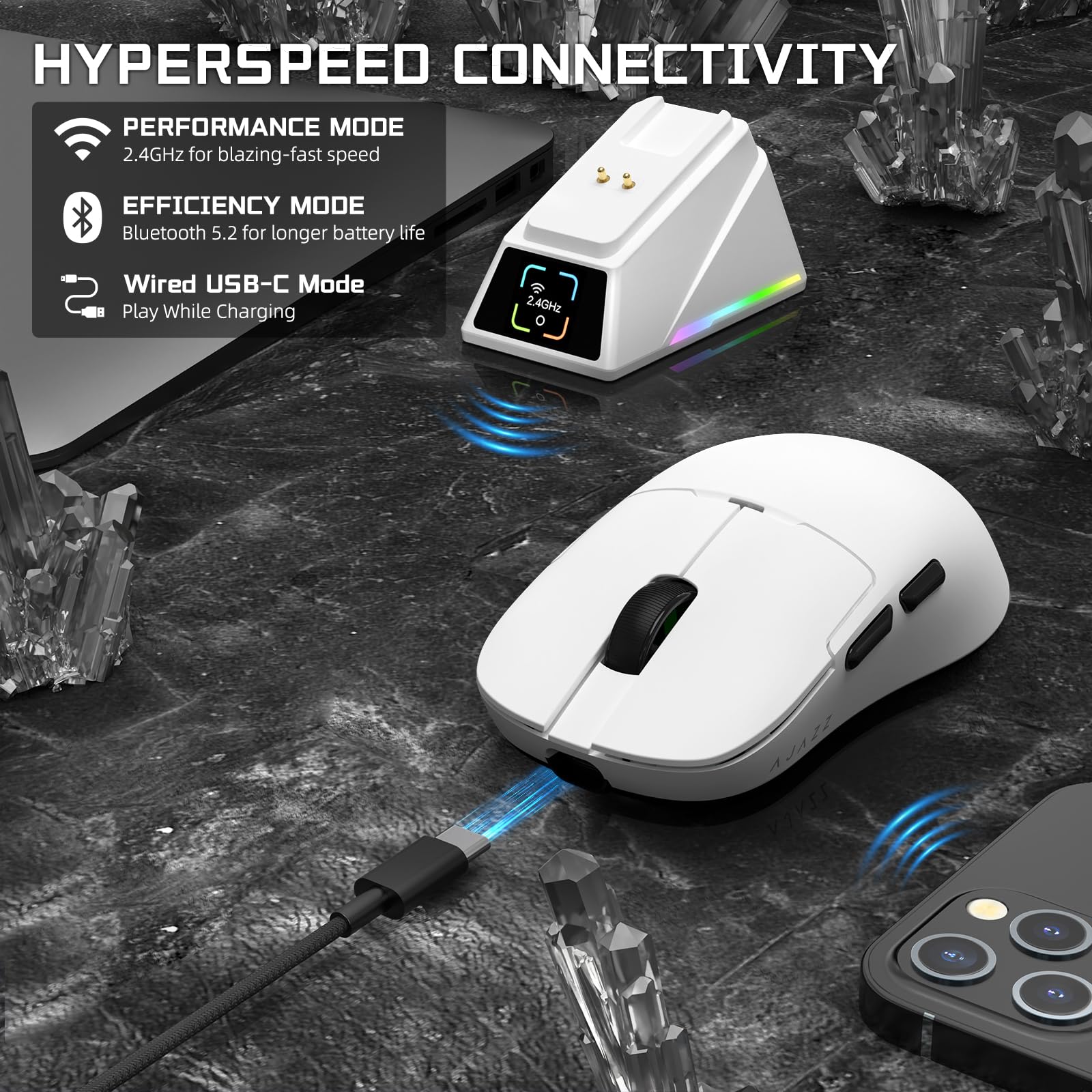 Attack Shark Ajazz AJ159APEX Gaming Mouse - 42K DPI, 8KHz Wireless, RGB Charging Dock with Color Display, 56g Ultra-Lightweight (2.4G/BT/Wired) for PC/Mac - White | Perfect for FPS, MOBA & Esports Gaming