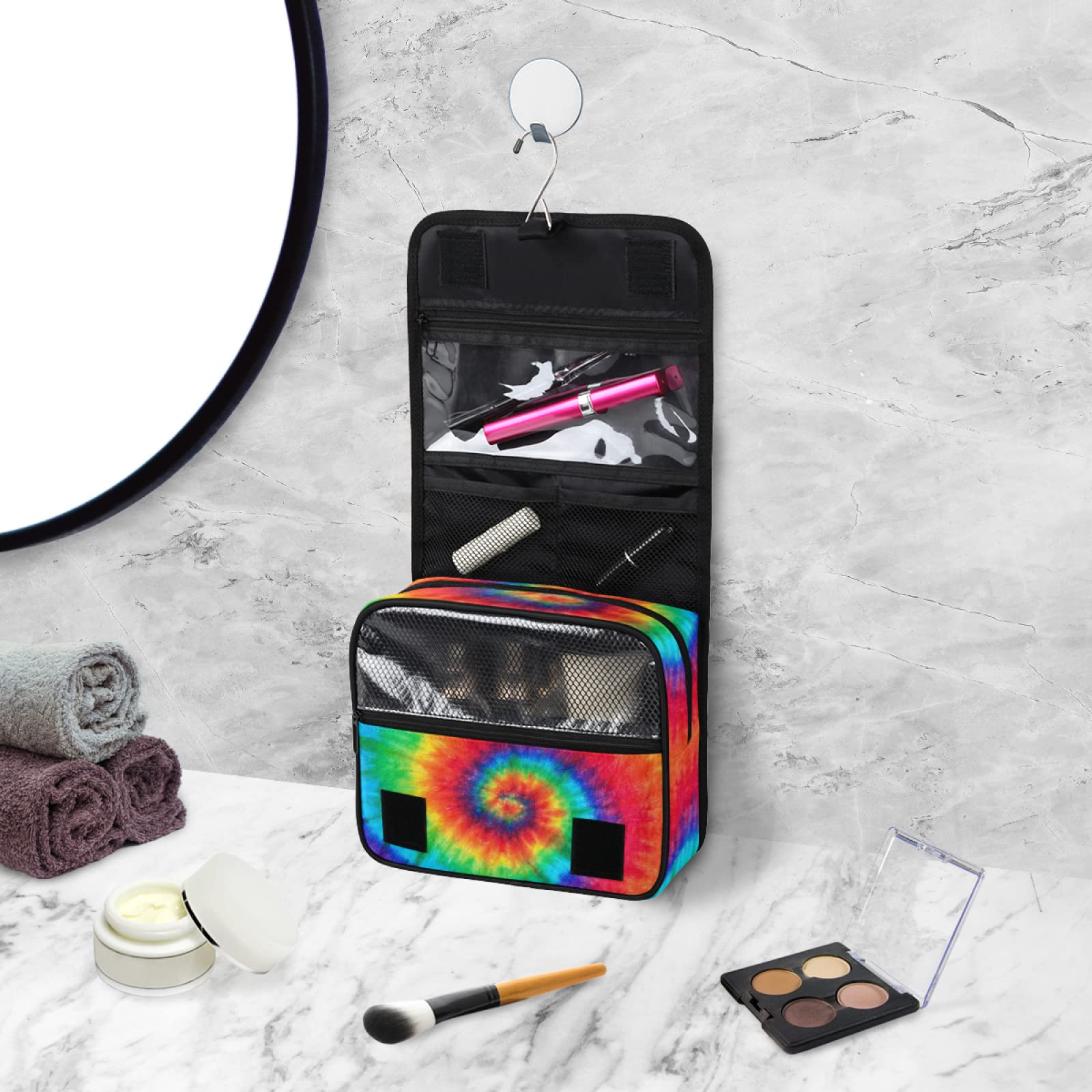 Waterproof Hanging Toiletry Bag for Women & Men - Rainbow Tie Dye Cosmetic Travel Organizer with Hooks | Perfect for Camping, Gym, Beach Trips & Airplane Carry-On