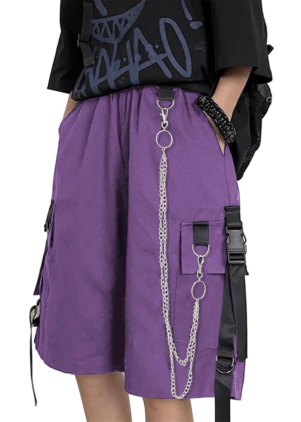 Kisswow Cargo Shorts with Chain - Techwear Pants for Women | Fairy Grunge, Korean & Punk Style Harajuku Jorts | Perfect for Streetwear, Concerts & Alternative Fashion