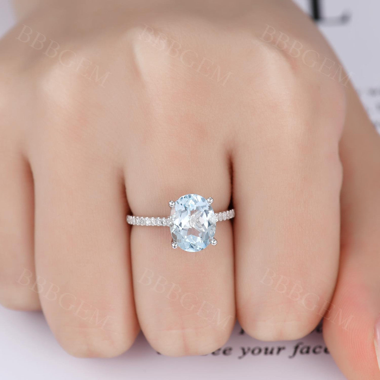 14K White Gold Oval Cut Aquamarine Solitaire Ring with Half Eternity Diamond Accents - Perfect for Engagement, Anniversary & Special Occasion Gifts